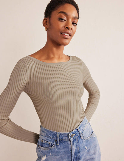 Ribbed Slash Neck Sweater-Stone-4