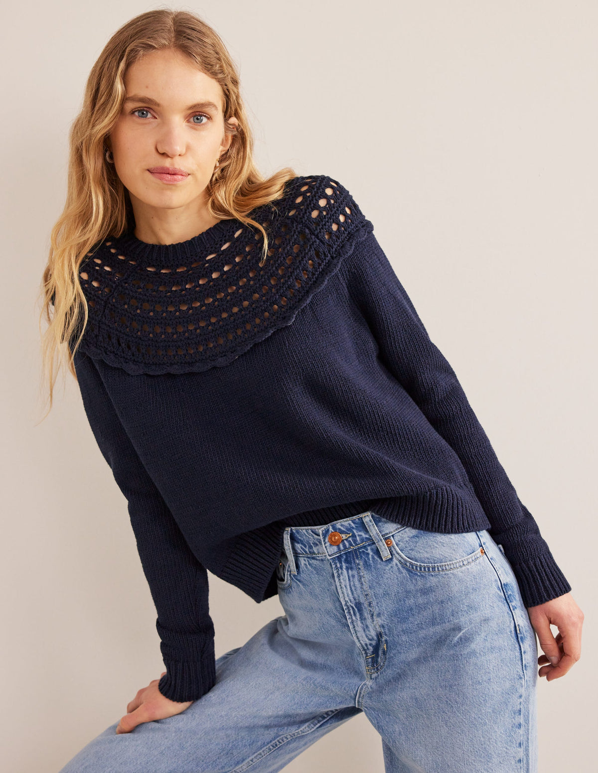 Crochet Yoke Sweater-Navy - Image 1