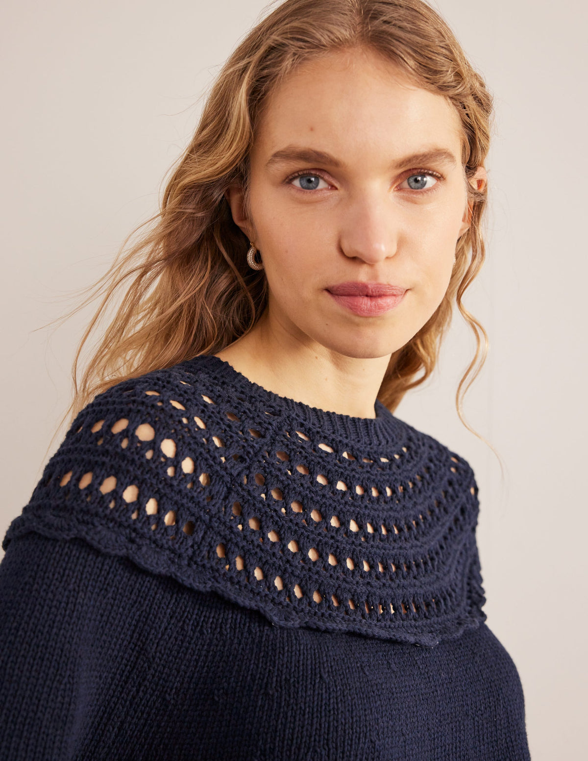 Crochet Yoke Sweater-Navy - Image 2