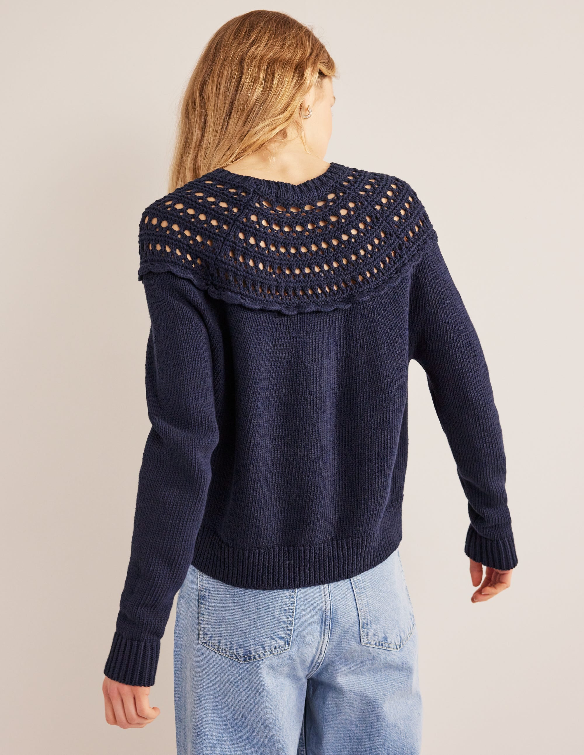 Crochet Yoke Sweater-Navy - Image 3