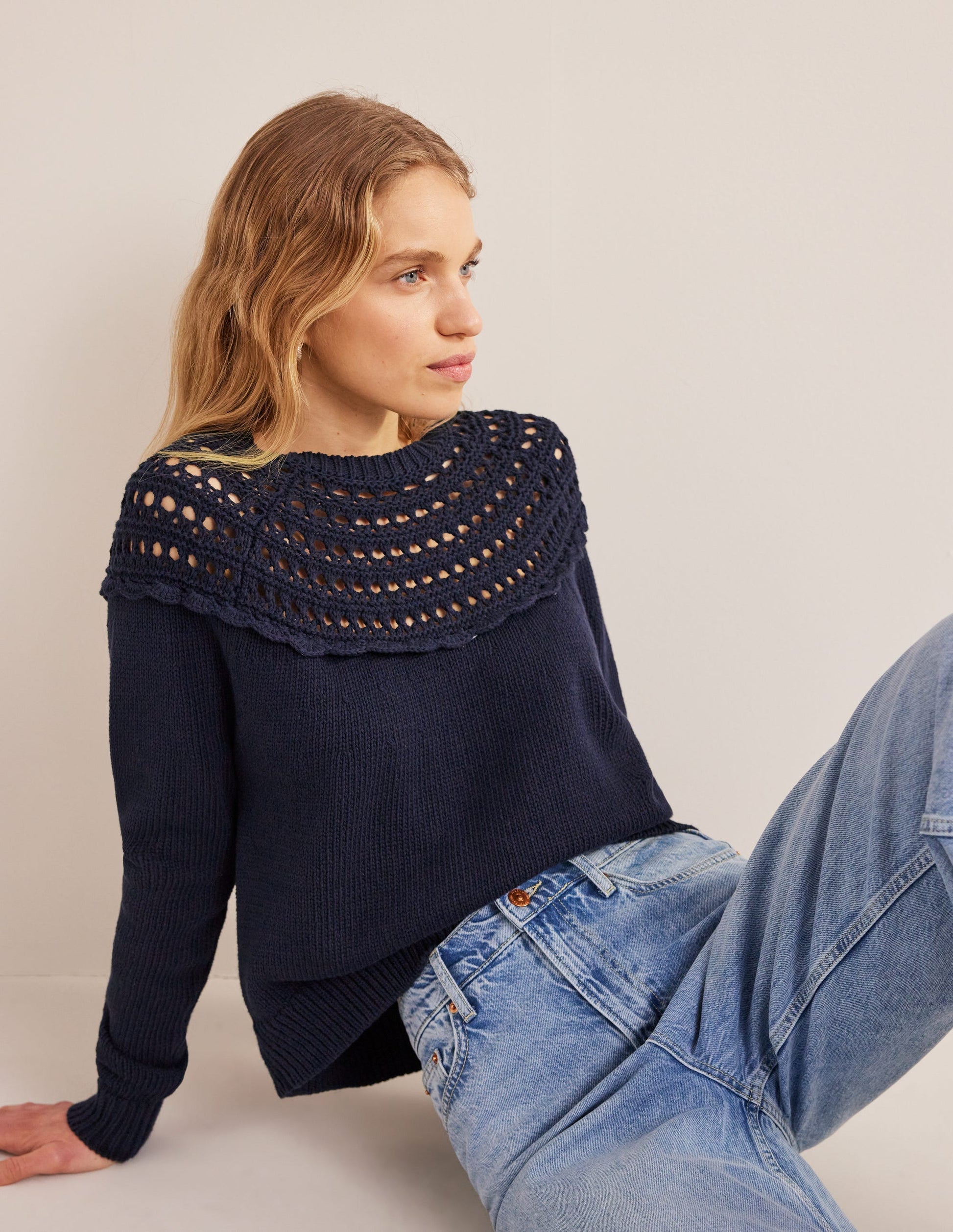 Crochet Yoke Sweater-Navy-4