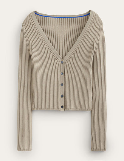 Cropped Wide Neck Rib Cardigan-Stone-5