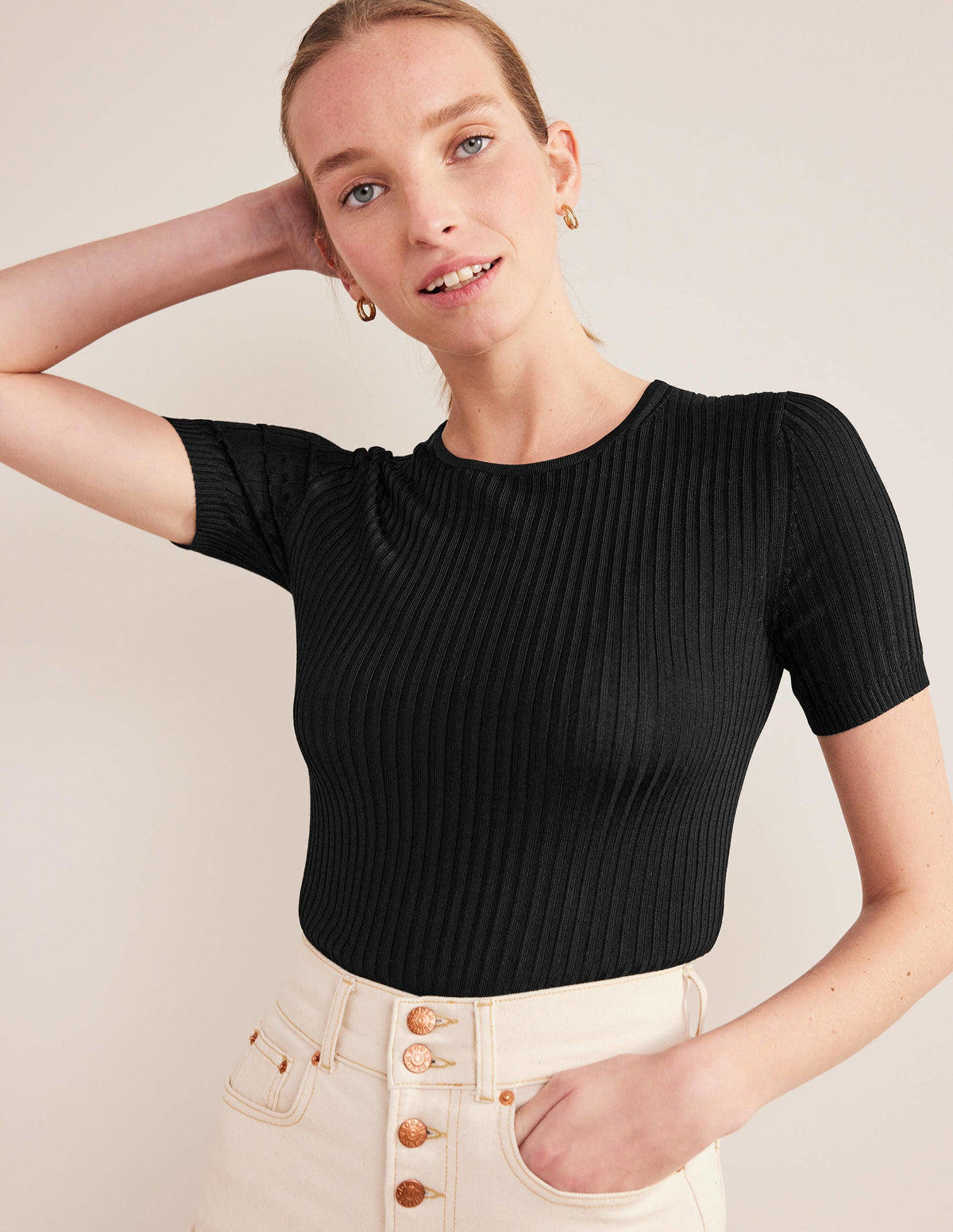 Ribbed Knitted T-Shirt-Black - Image 1