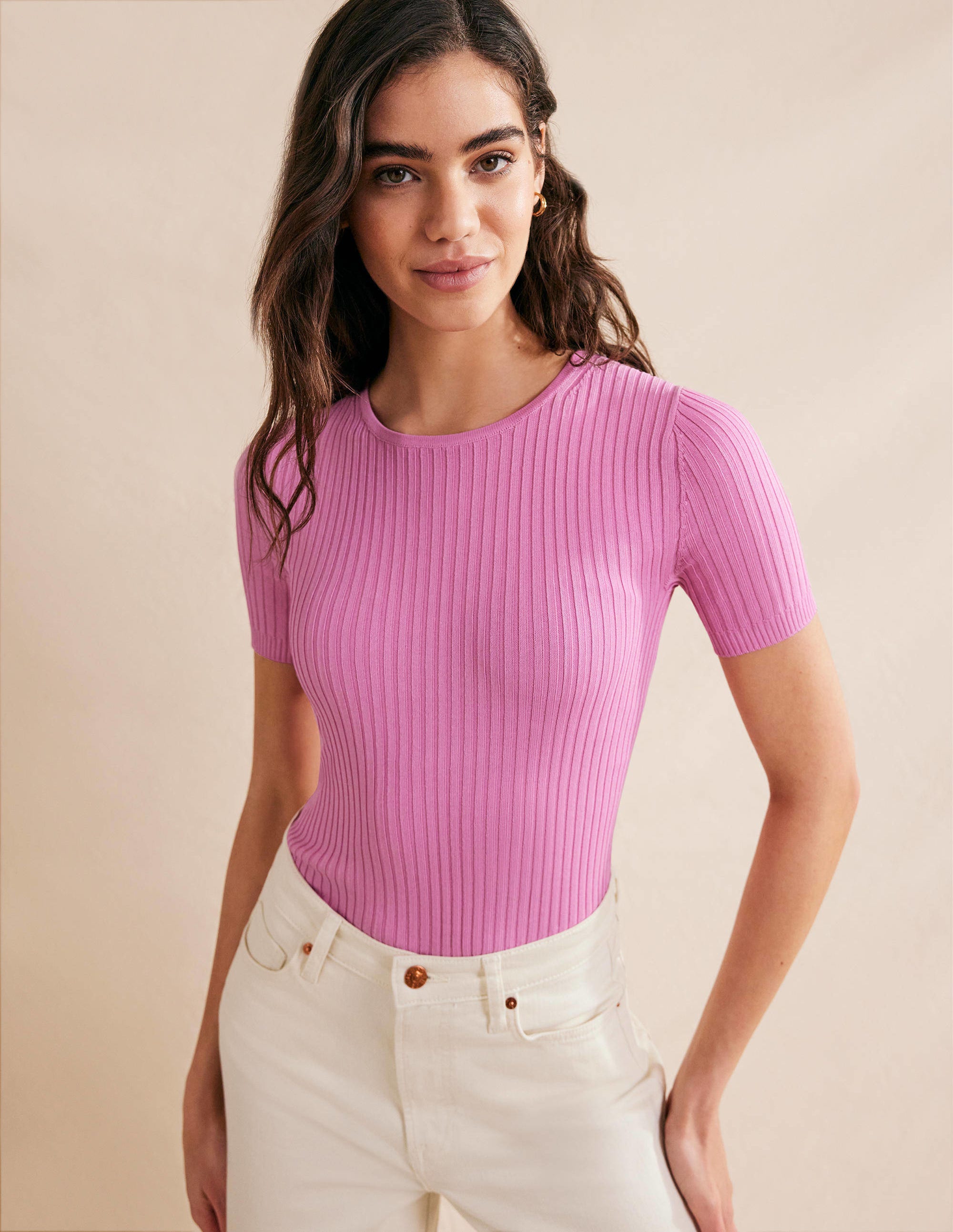 Ribbed Knitted T-Shirt-Pink Lemonade - Image 1