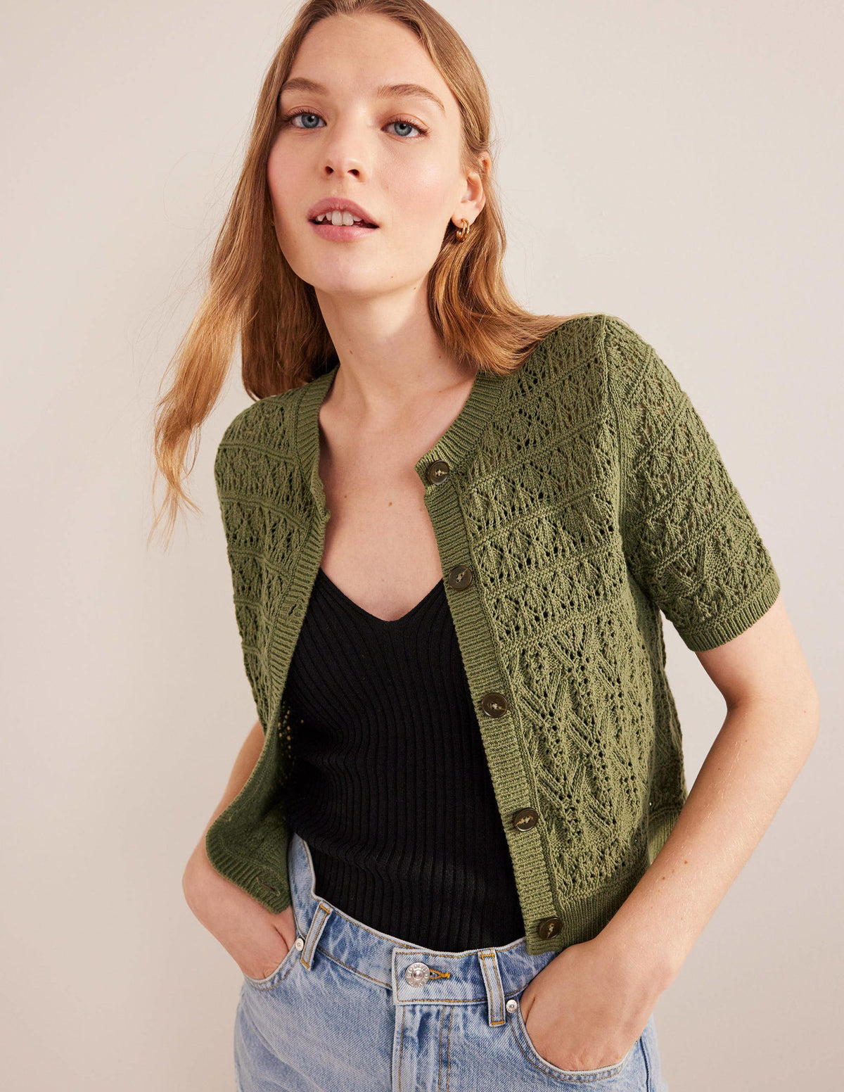 Pointelle Crew Neck Cardigan-Spruce Green-1