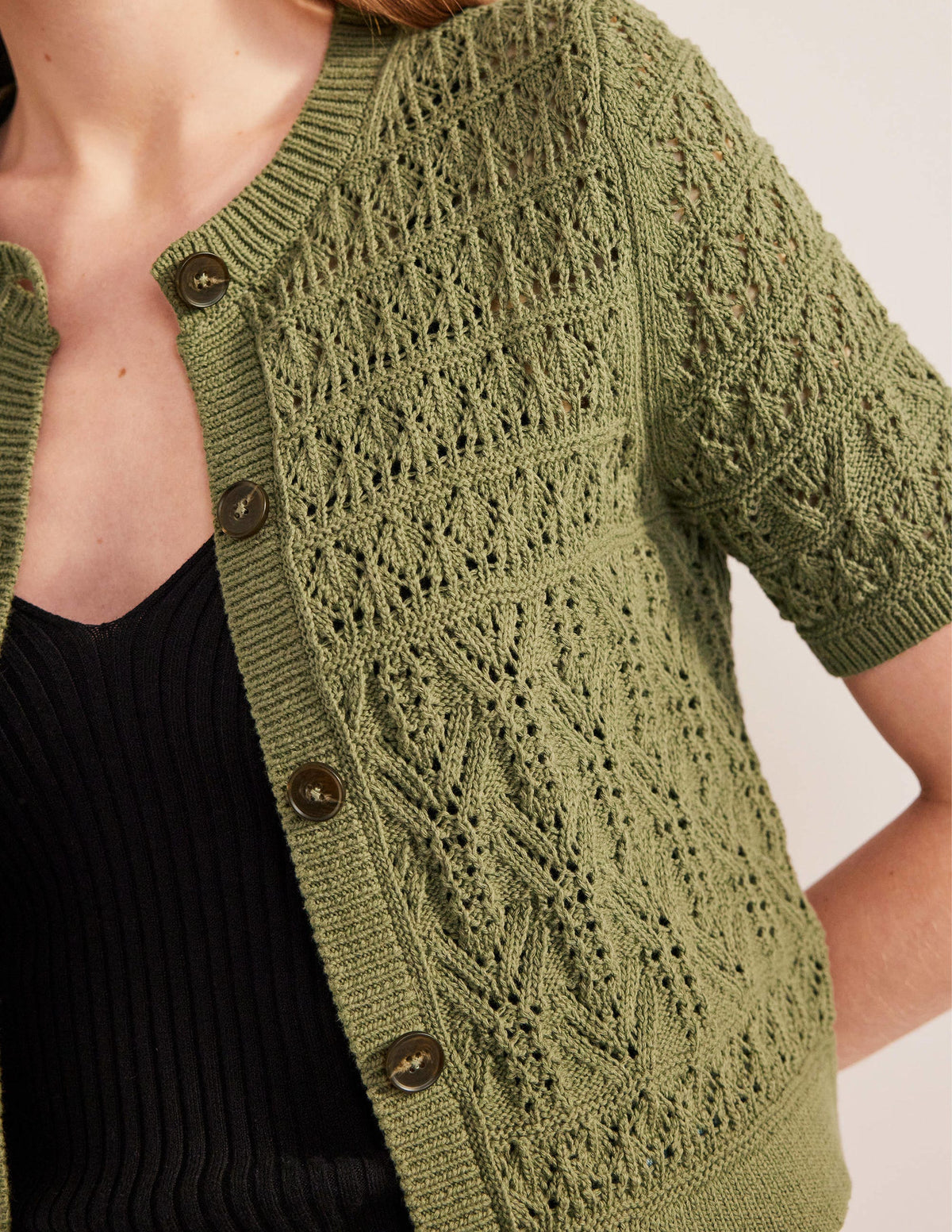 Pointelle Crew Neck Cardigan-Spruce Green - Image 2