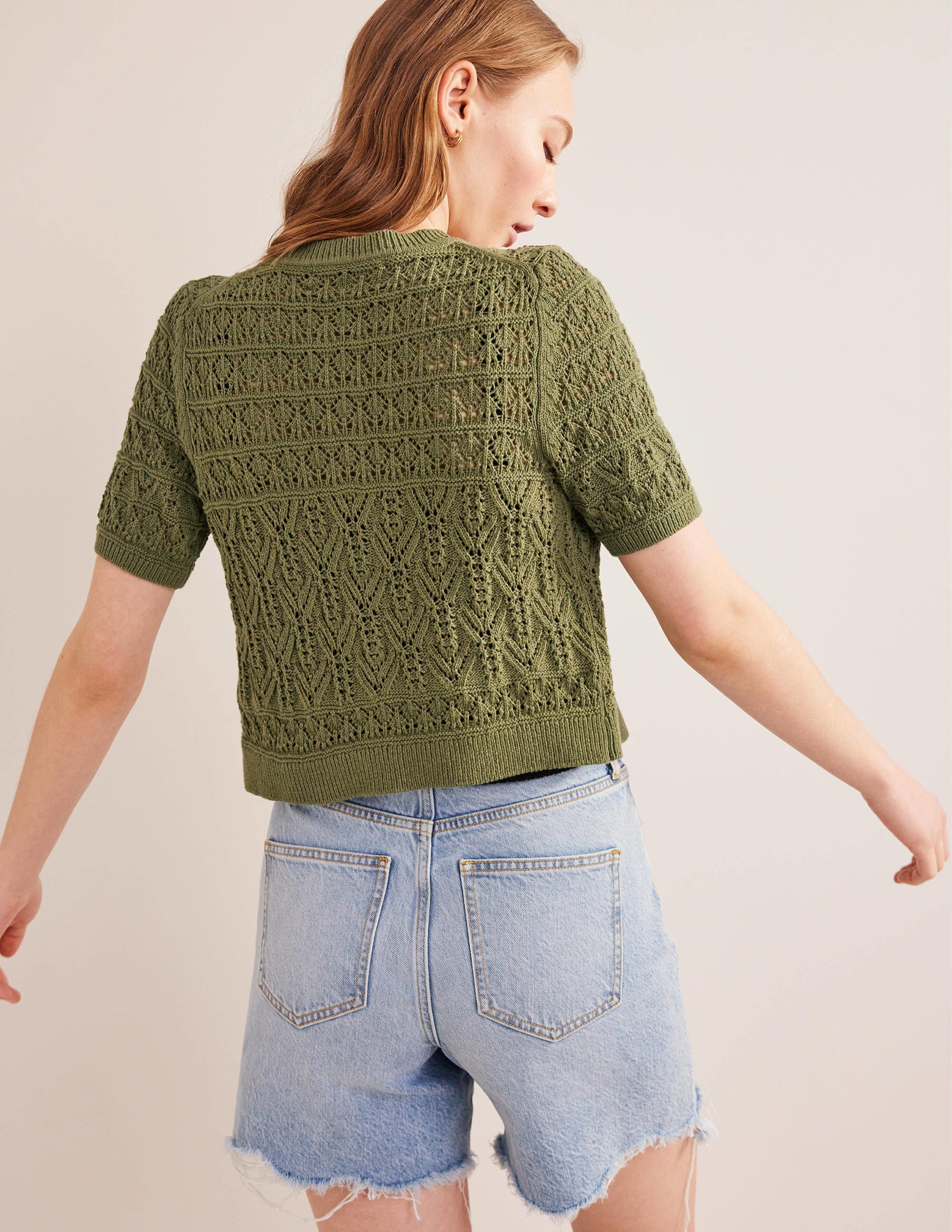 Pointelle Crew Neck Cardigan-Spruce Green - Image 3