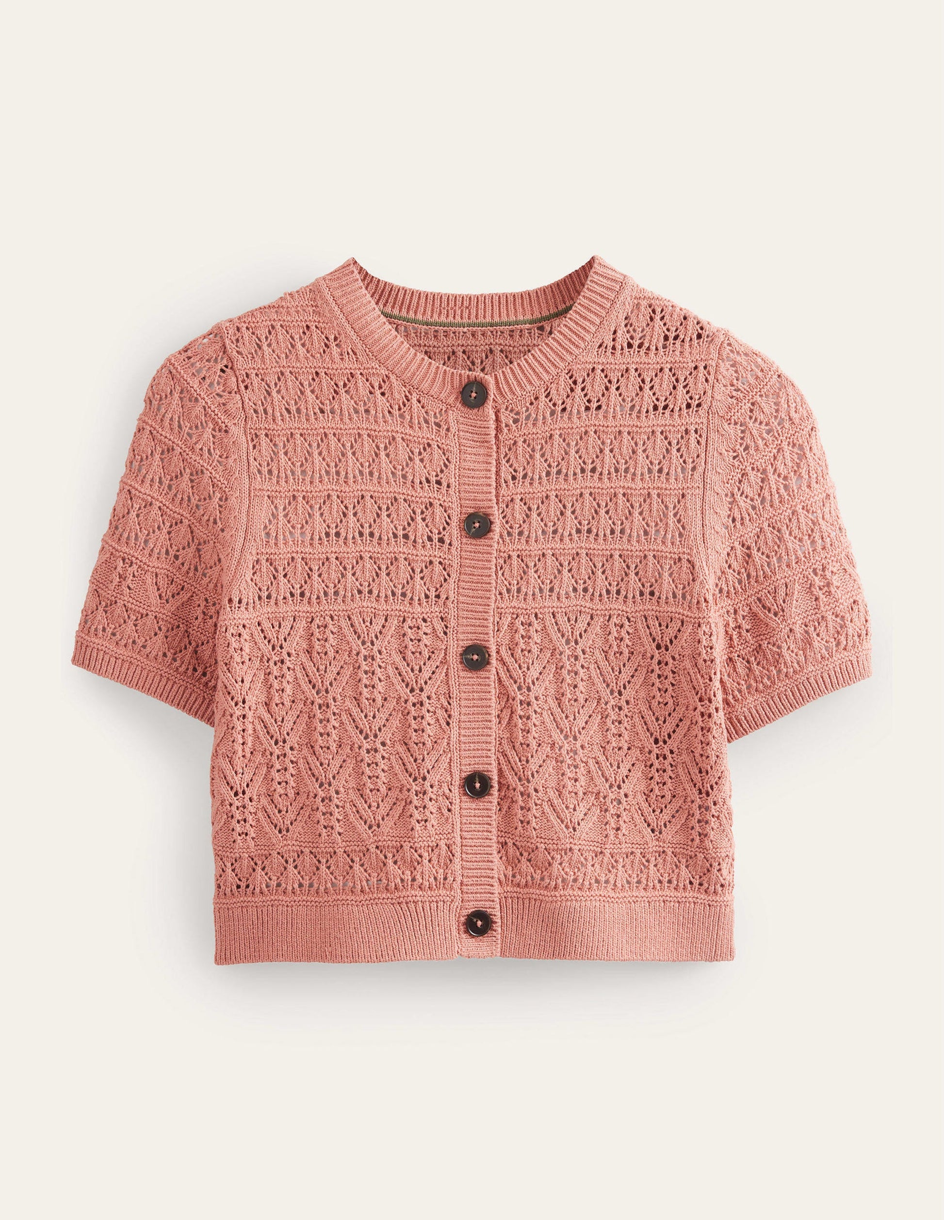 Pointelle Crew Neck Cardigan-Rose Pink-6
