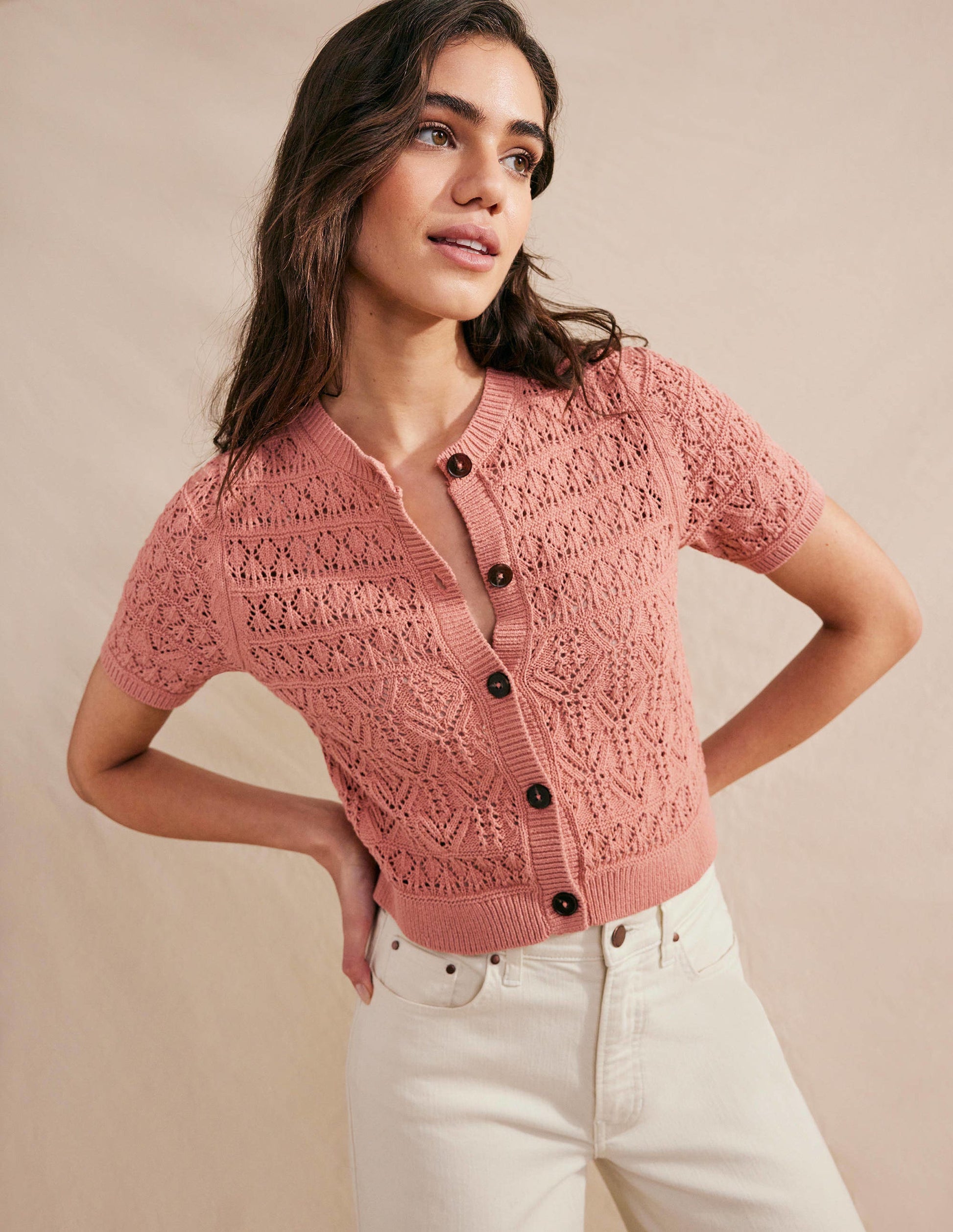 Pointelle Crew Neck Cardigan-Rose Pink-1
