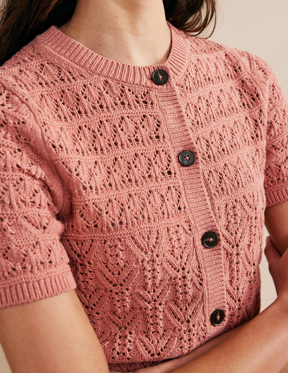 Pointelle Crew Neck Cardigan-Rose Pink-2