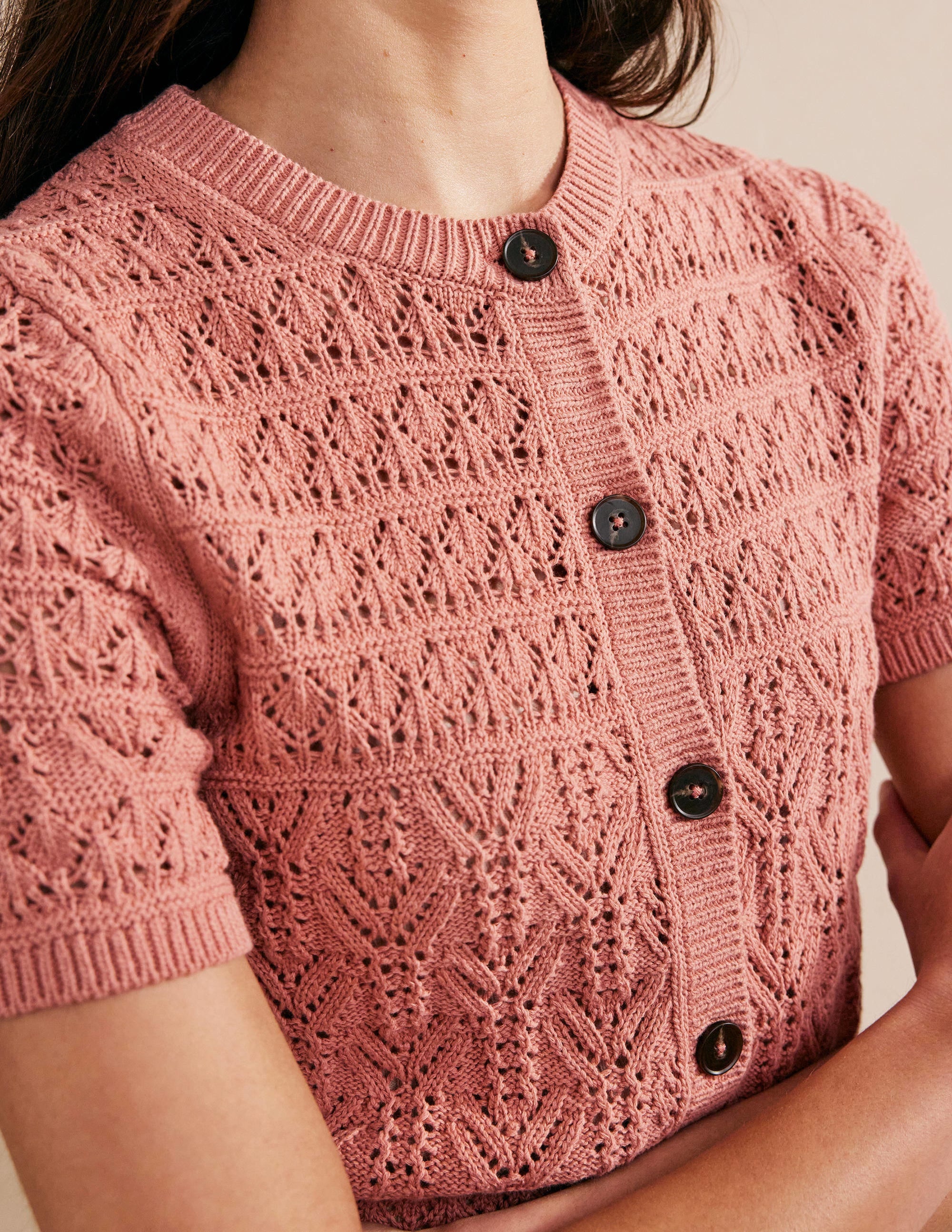 Pointelle Crew Neck Cardigan-Rose Pink - Image 2
