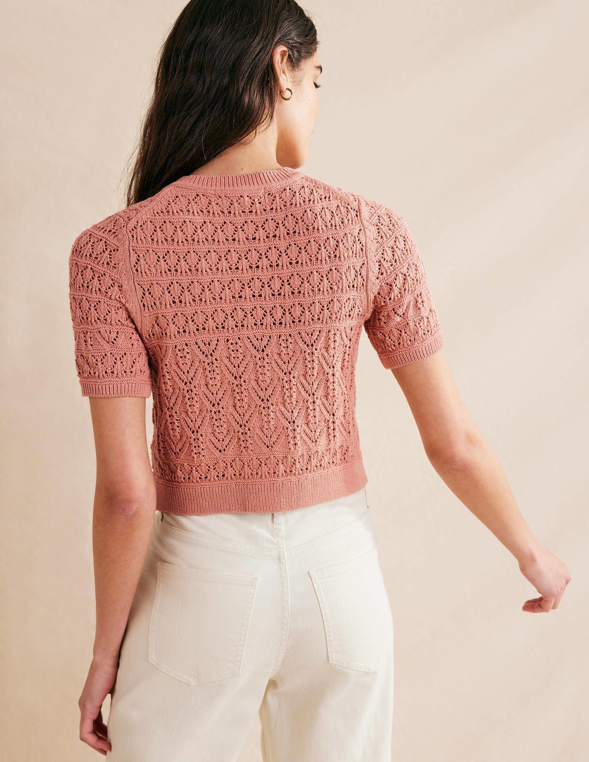 Pointelle Crew Neck Cardigan-Rose Pink - Image 3