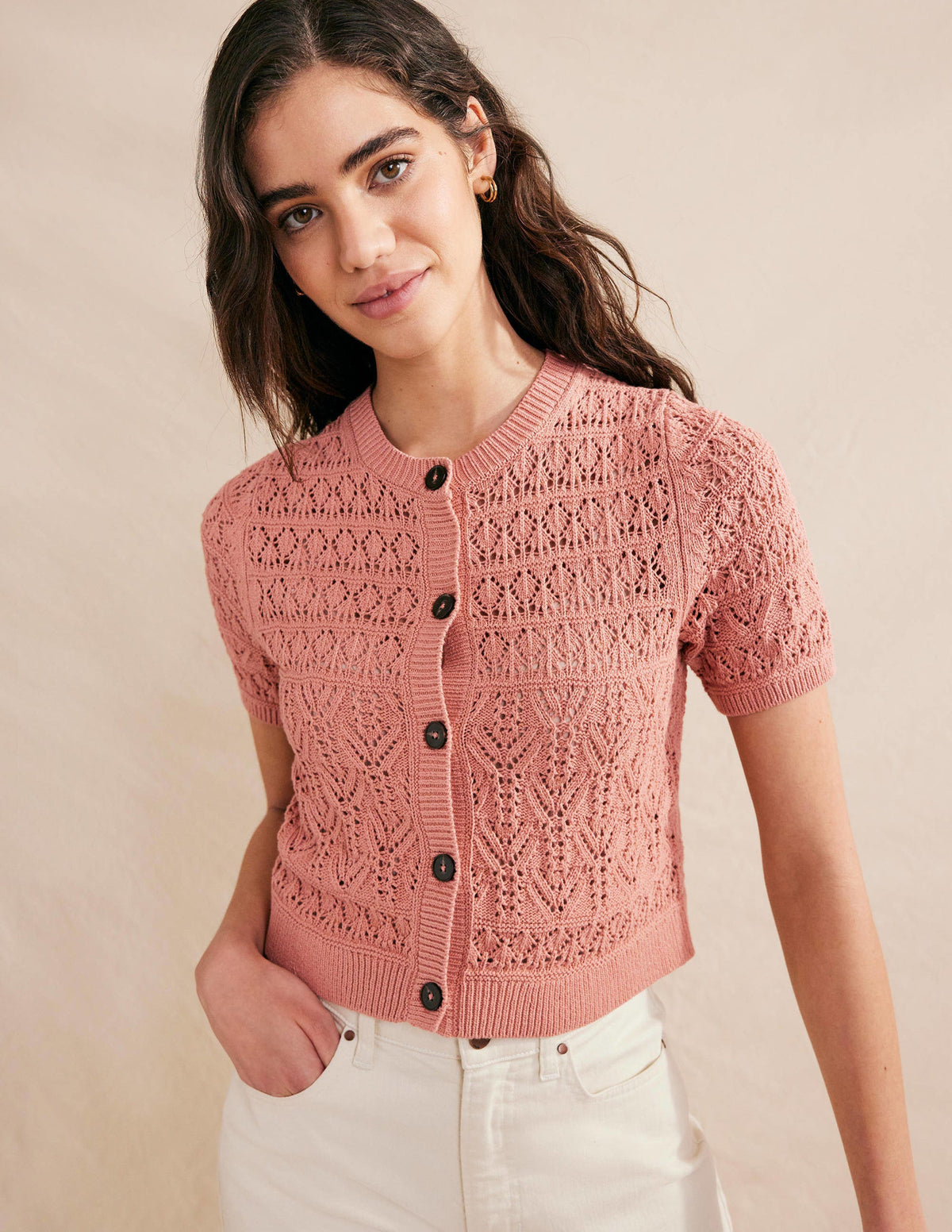 Pointelle Crew Neck Cardigan-Rose Pink - Image 4