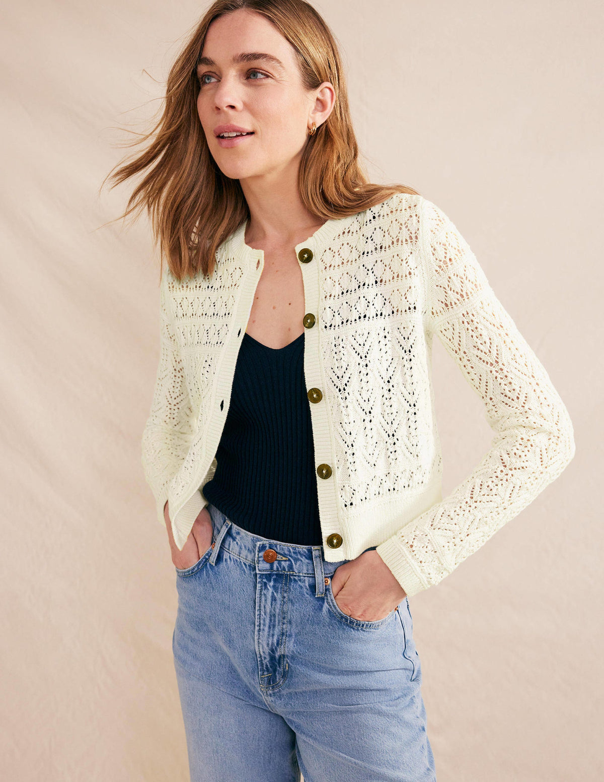 Pointelle Cotton Cardigan-Warm Ivory - Image 1