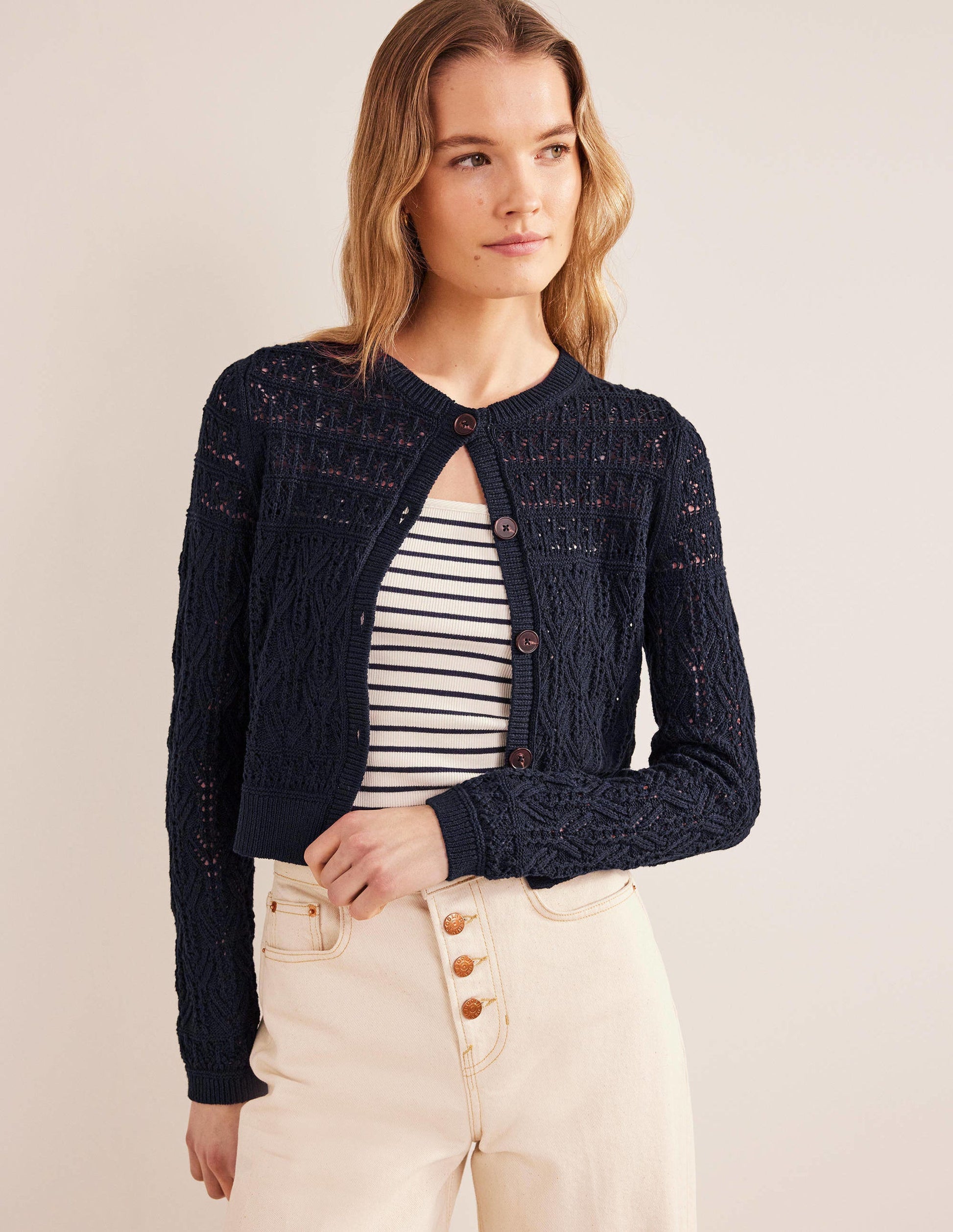 Pointelle Cotton Cardigan-Navy-4