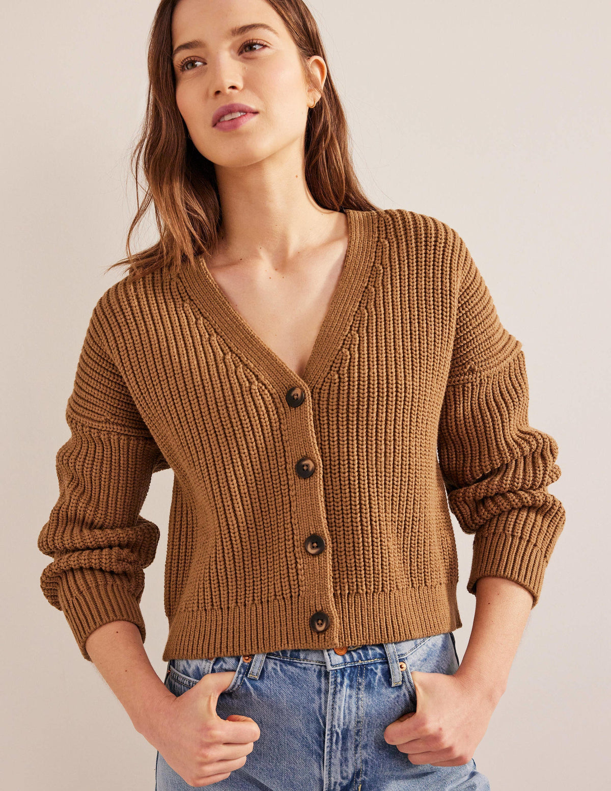 Oversized Ribbed Cardigan-Camel Melange-4