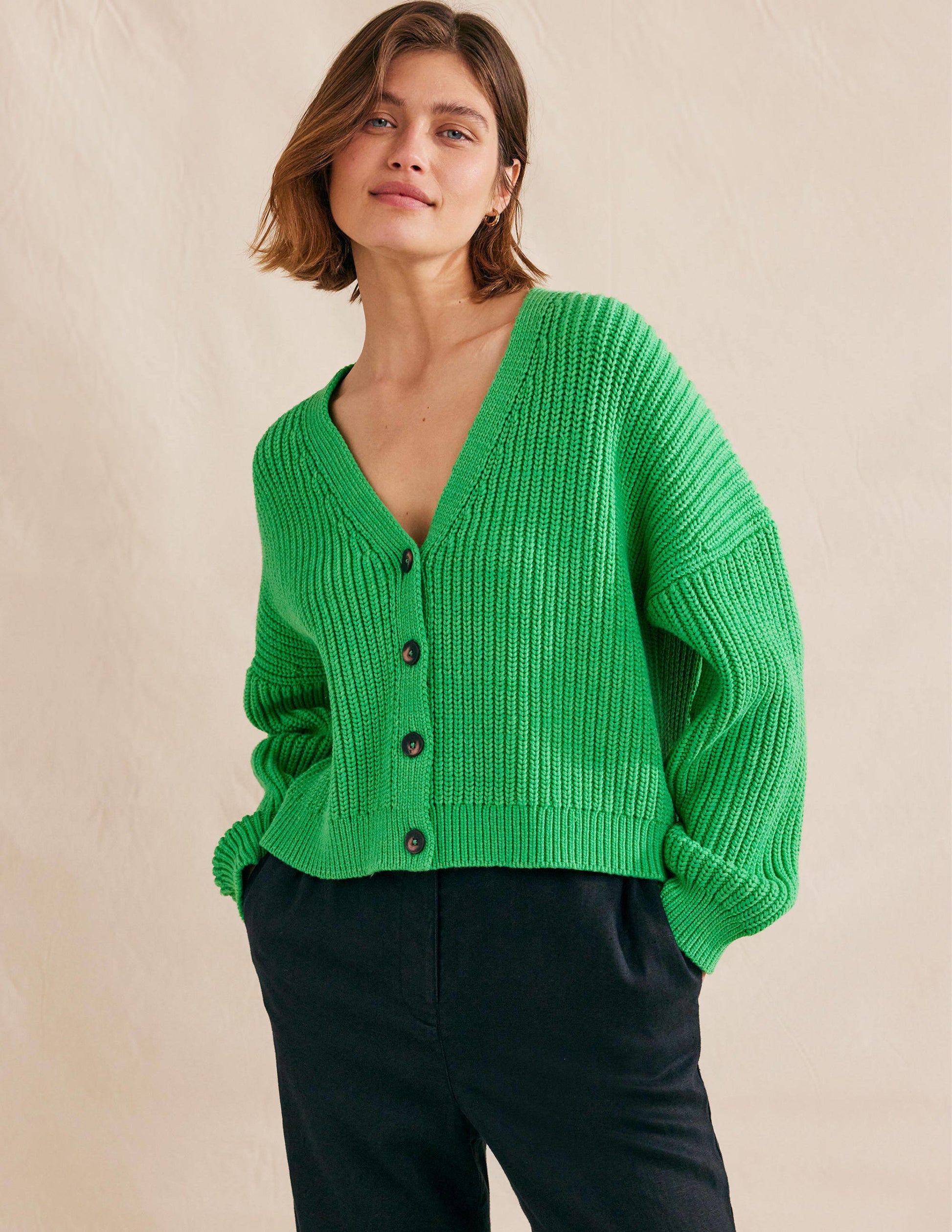 Oversized Ribbed Cardigan-Bright Green-1