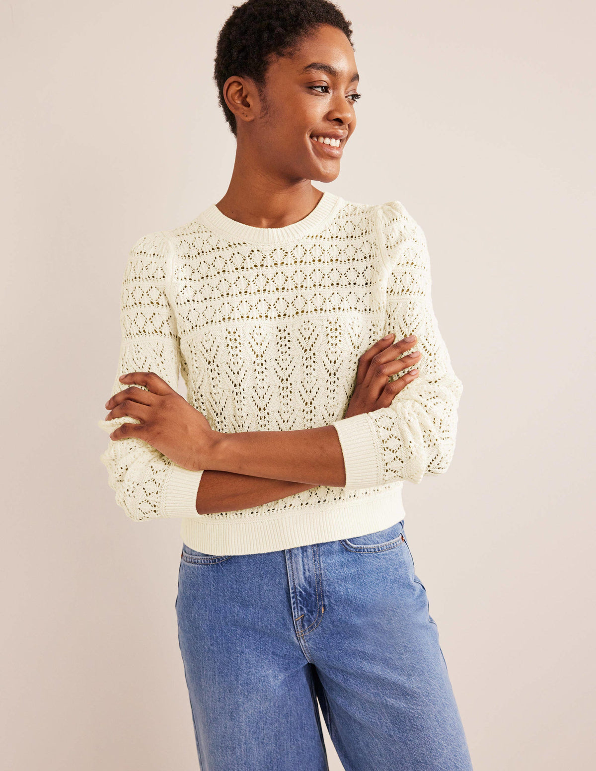 Pointelle Cotton Sweater-Warm Ivory - Image 4