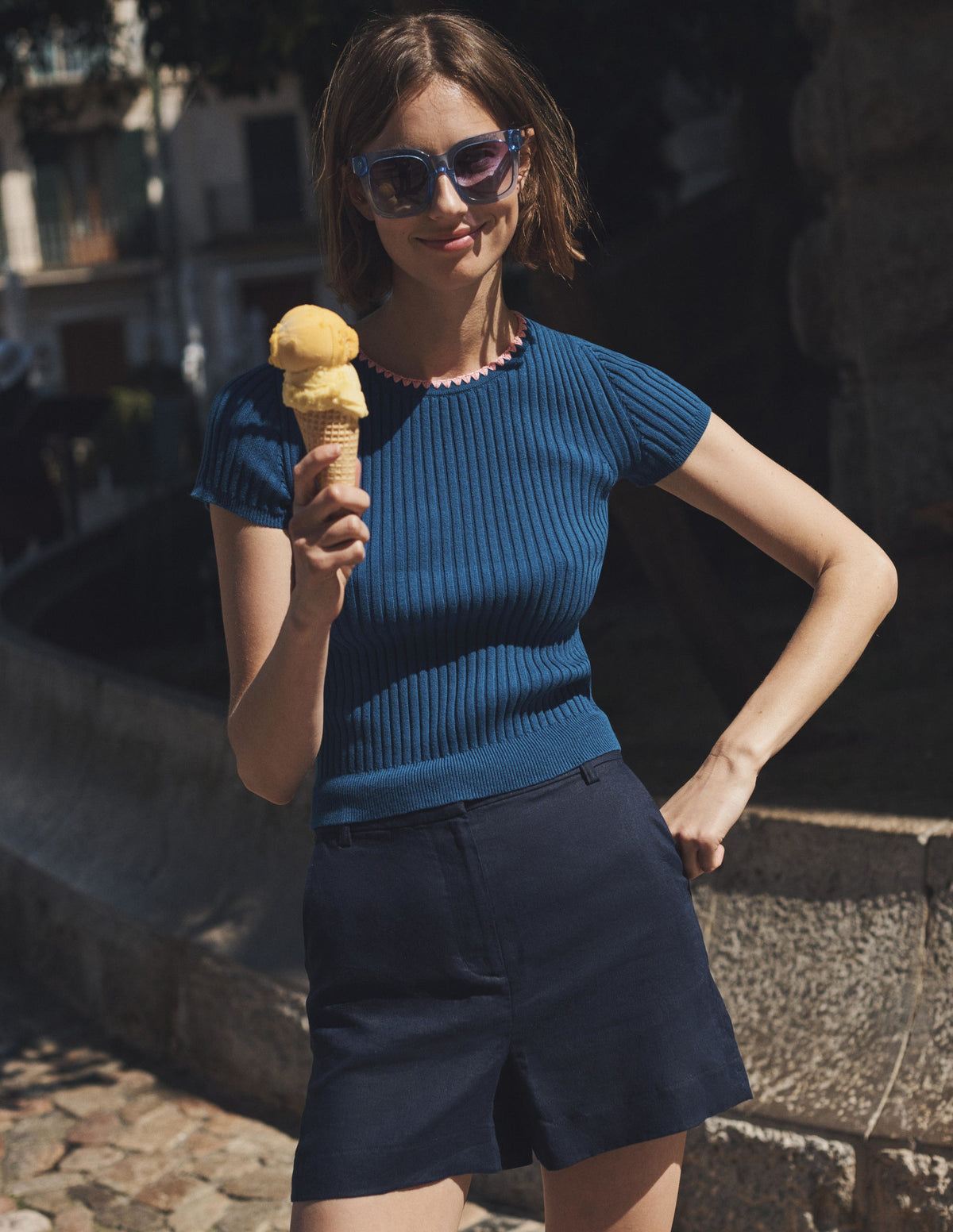 Crochet-Trim Knitted T-Shirt-Sapphire-5
