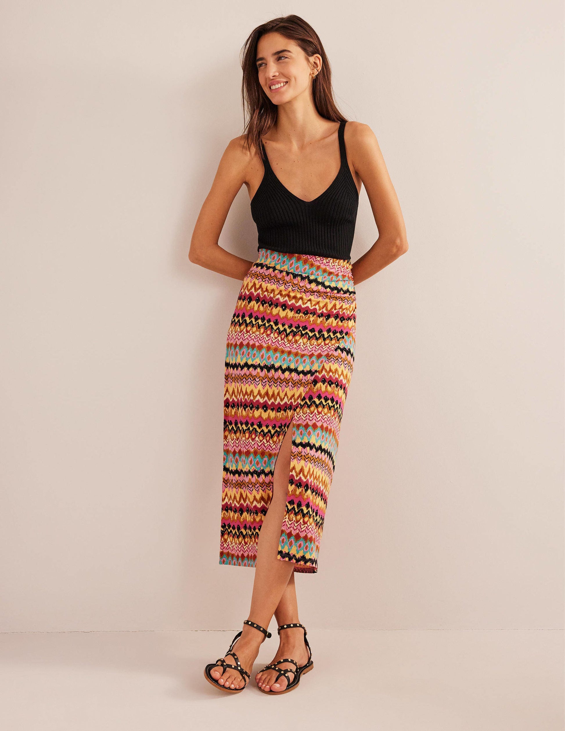 Side Split Jersey Midi Skirt-Multi, Textured Ikat-1