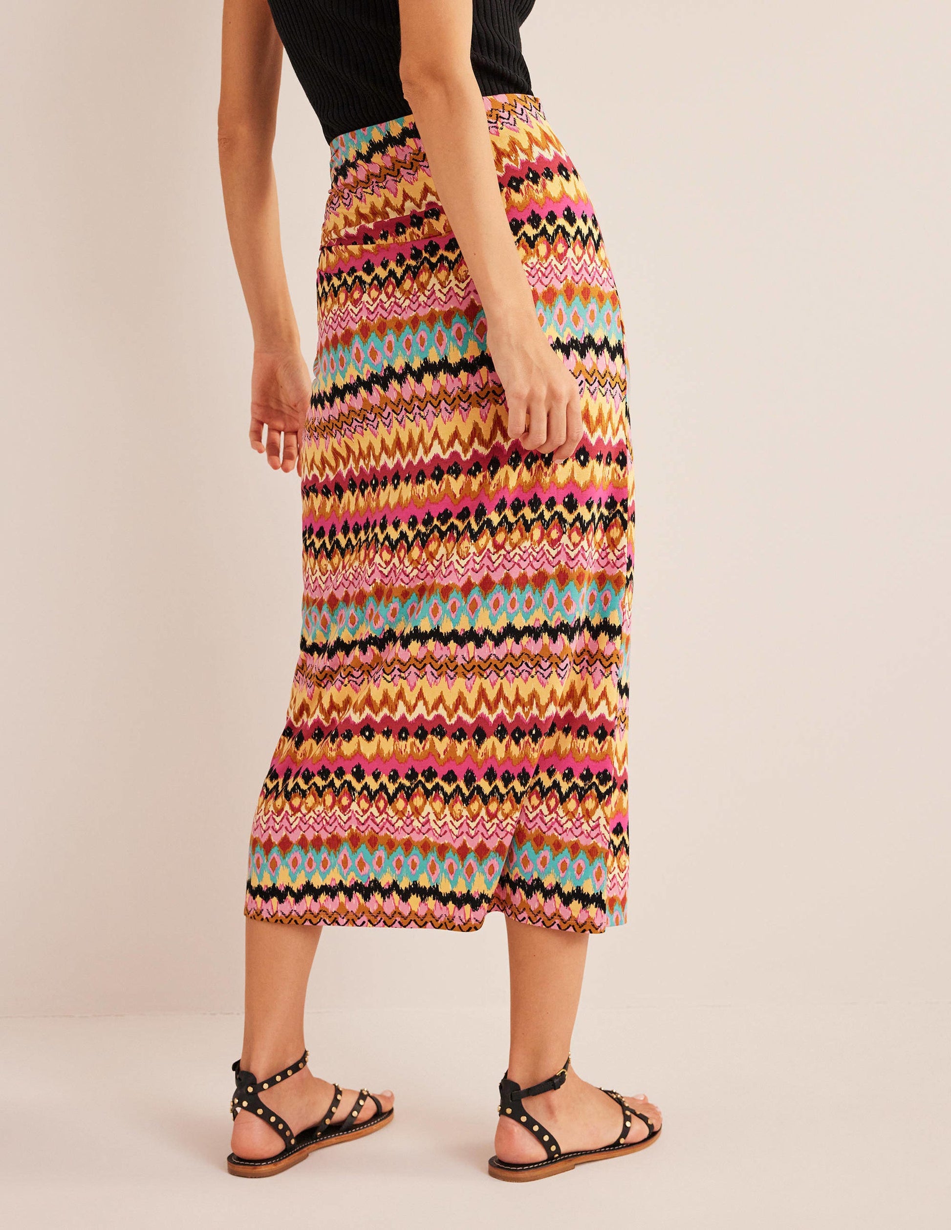 Side Split Jersey Midi Skirt-Multi, Textured Ikat-3