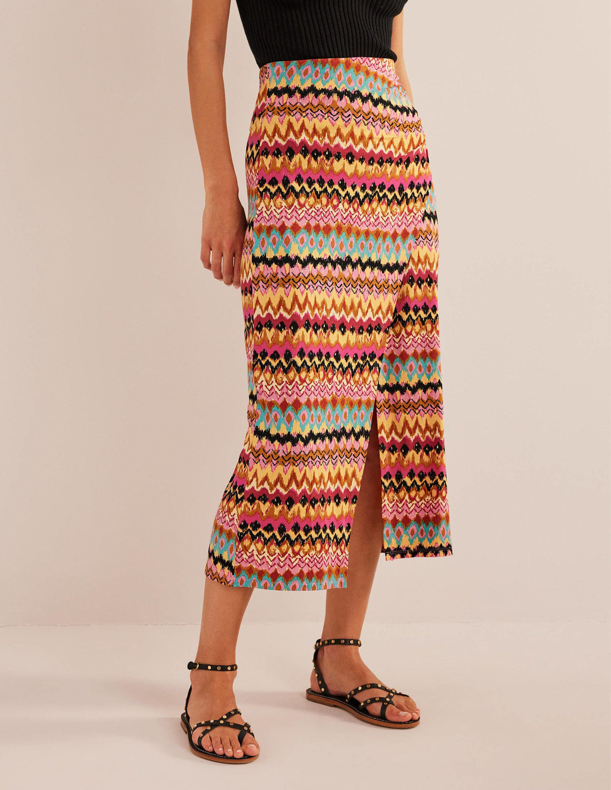 Side Split Jersey Midi Skirt-Multi, Textured Ikat-4