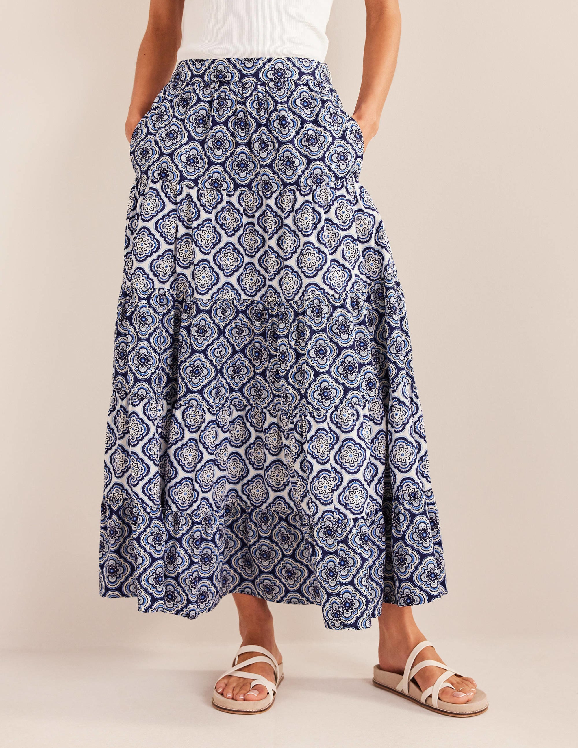 Tiered Poplin Midi Skirt-Heavenly Blue, Botanic Blush - Image 4