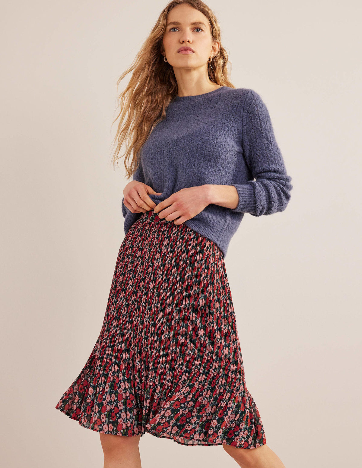 Knee Length Plisse Skirt-Multi, Abstract Poppy Small-1