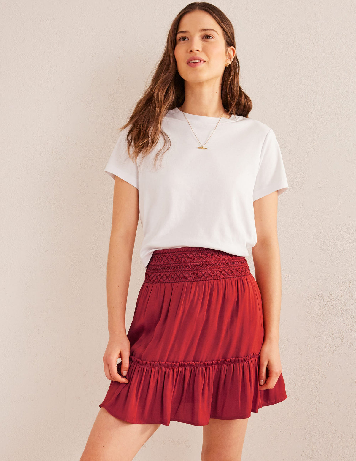 Shirred Waist Mini Skirt-Tomato - Image 1