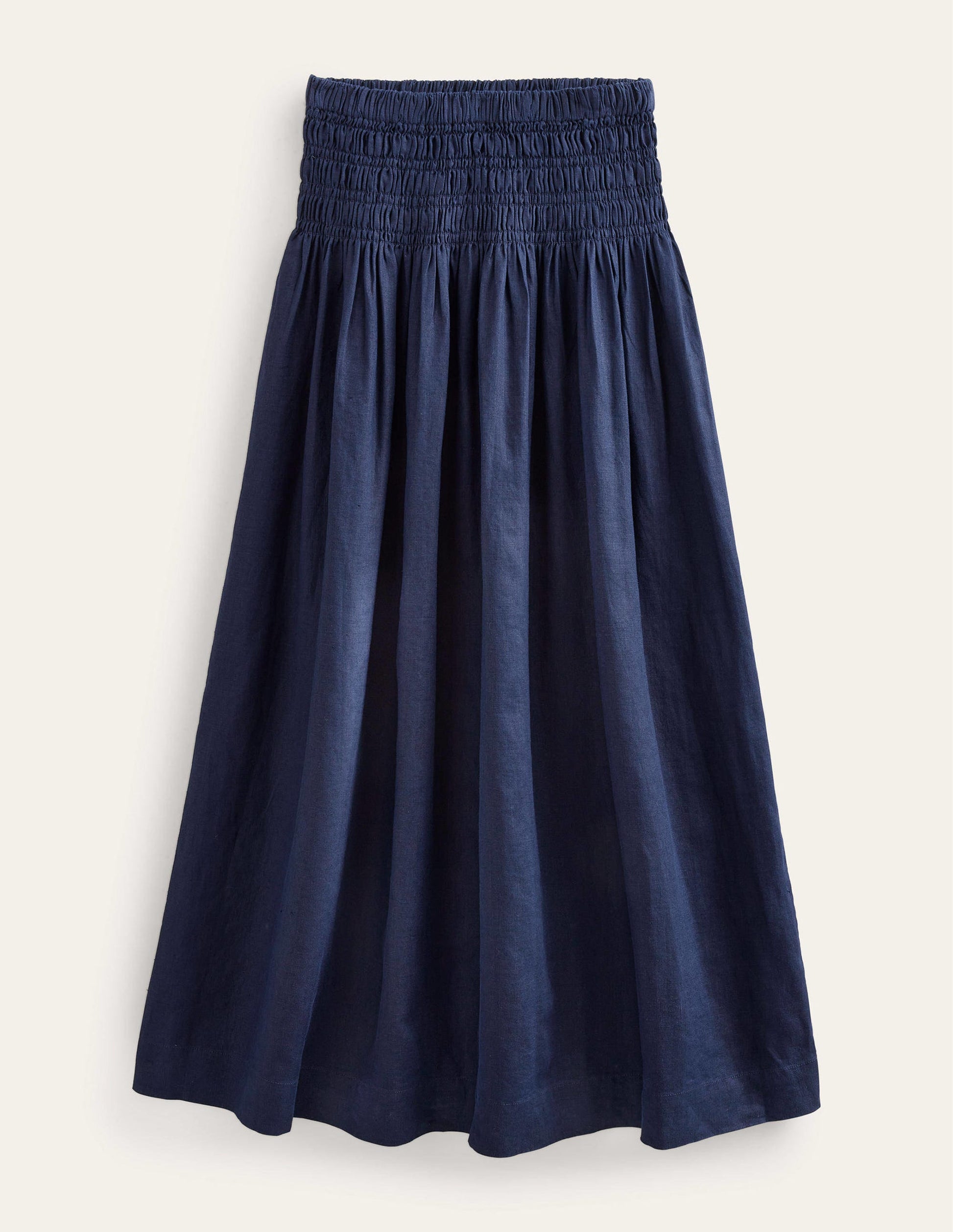 Shirred Waist Linen Midi Skirt-Navy-5