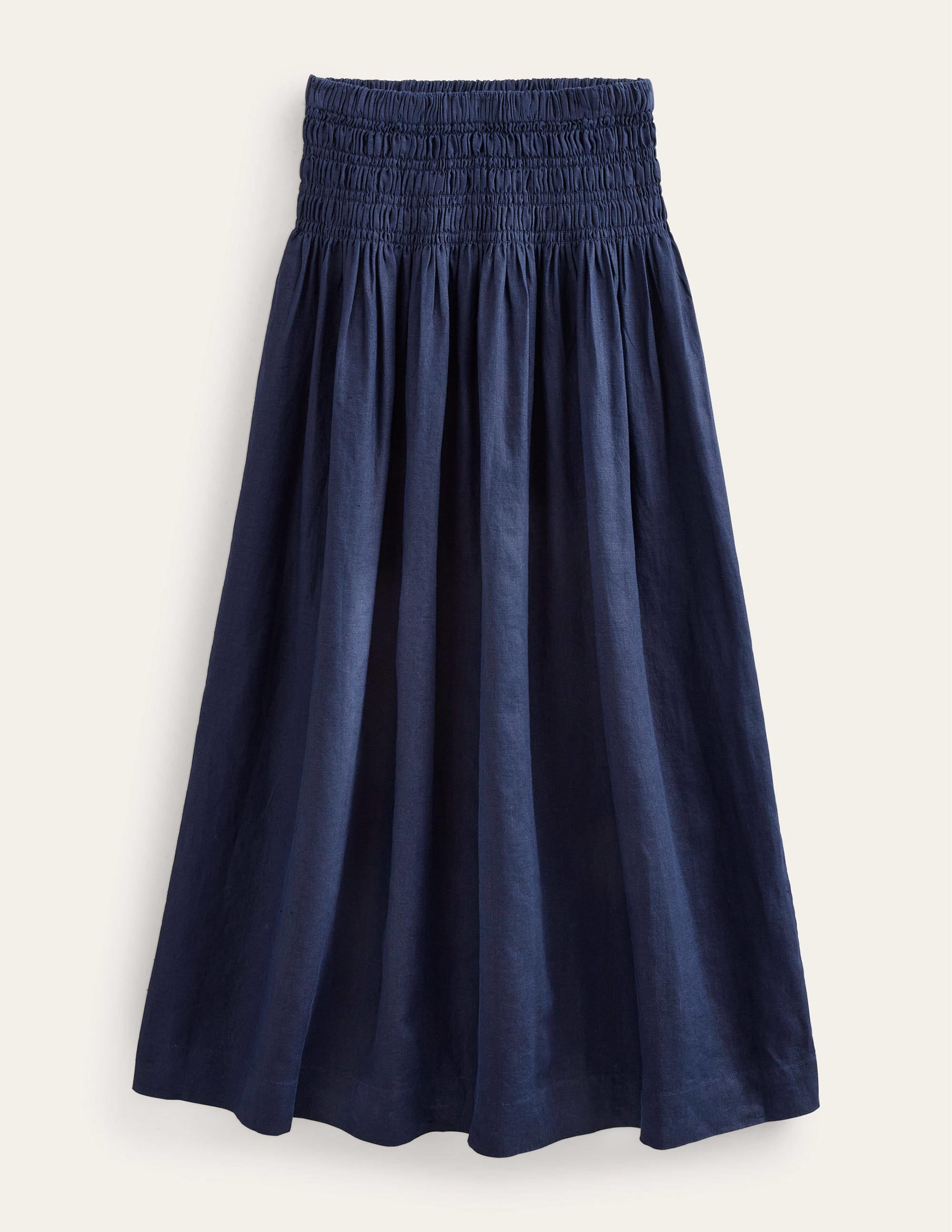 Shirred Waist Linen Midi Skirt-Navy - Image 5