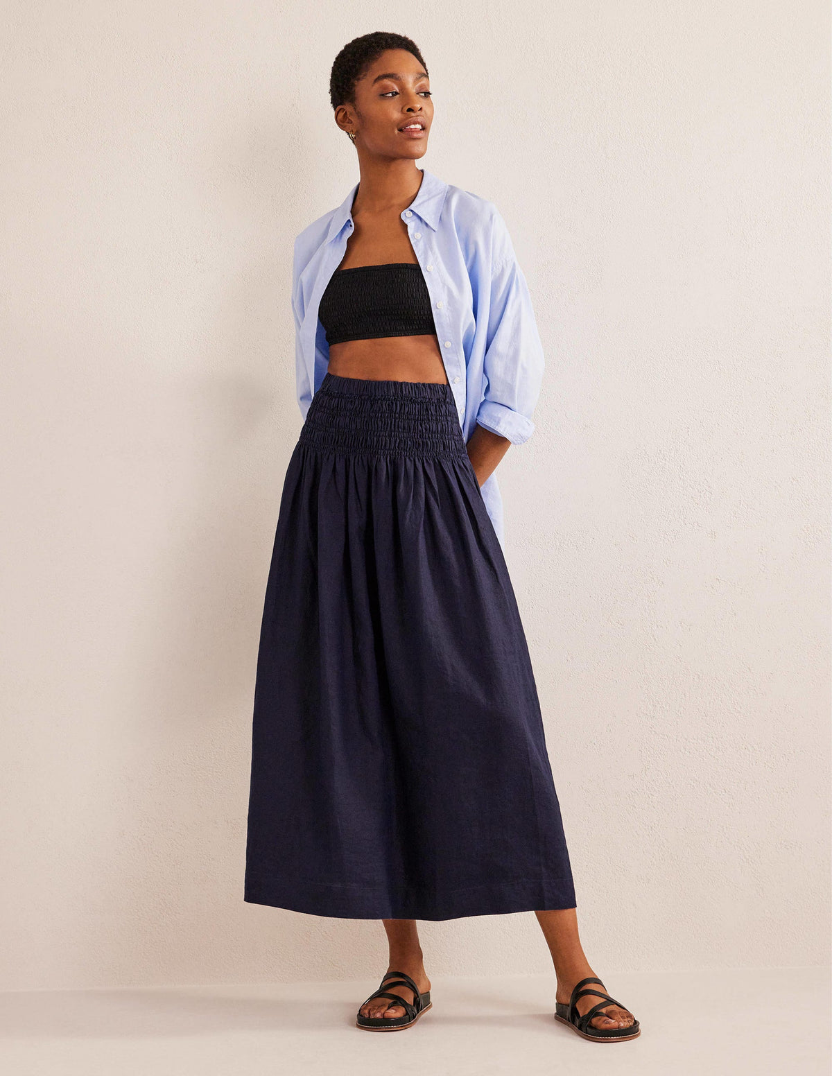 Shirred Waist Linen Midi Skirt-Navy-1