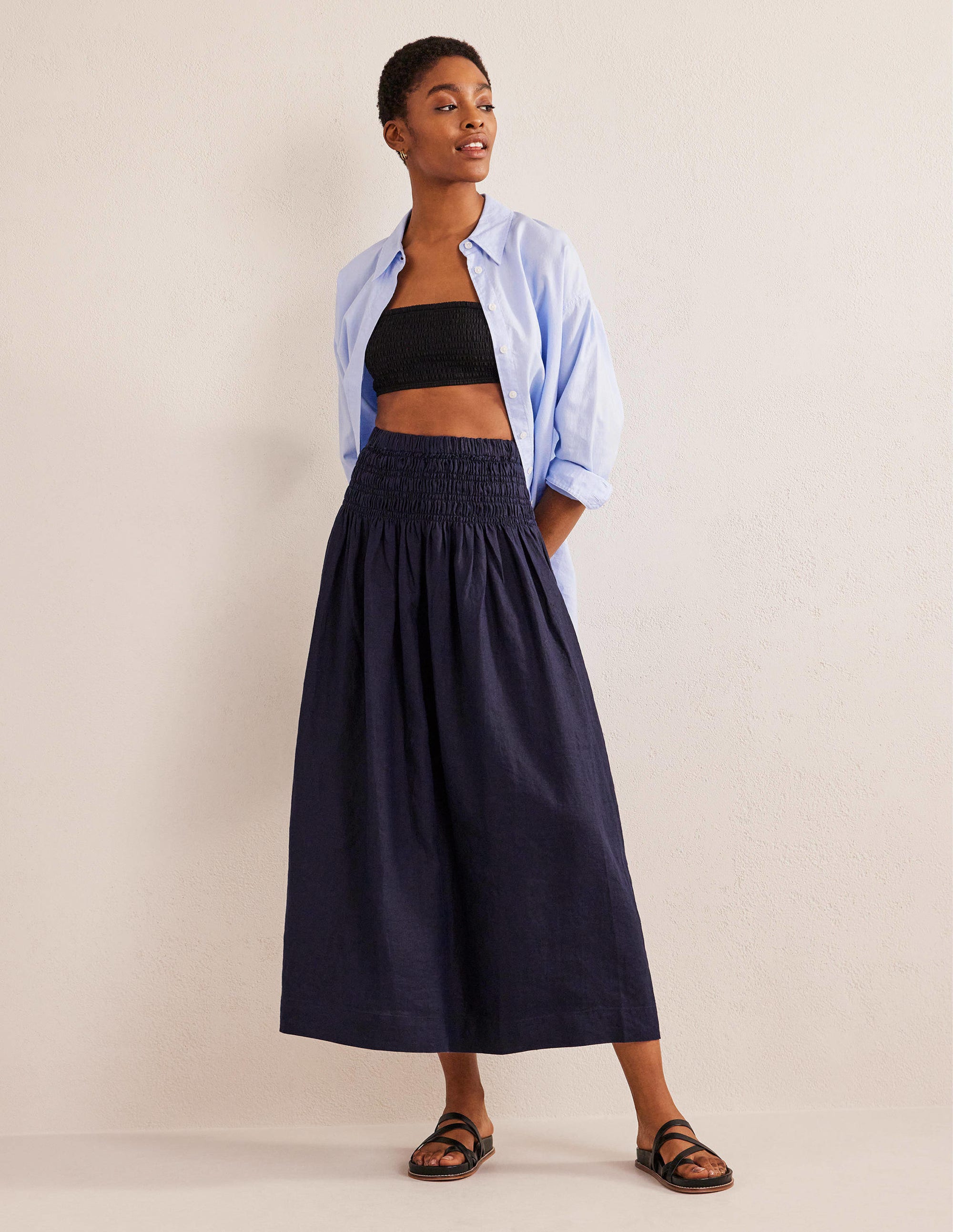Shirred Waist Linen Midi Skirt-Navy - Image 1