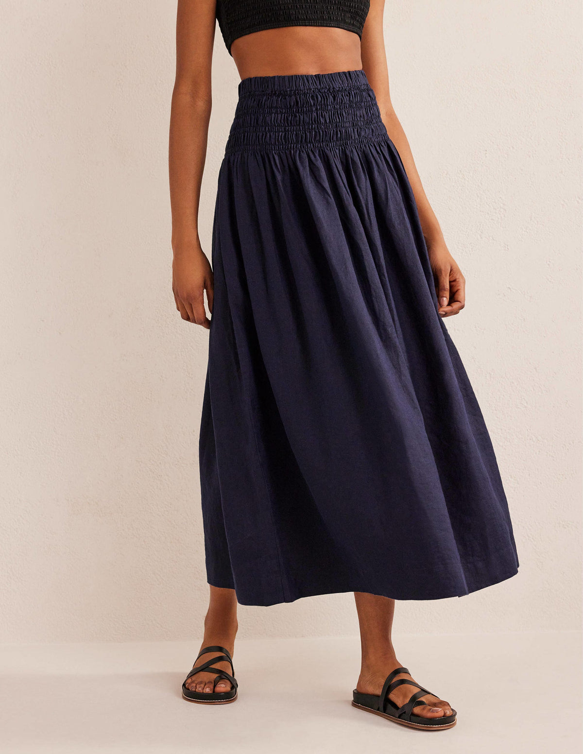 Shirred Waist Linen Midi Skirt-Navy-3