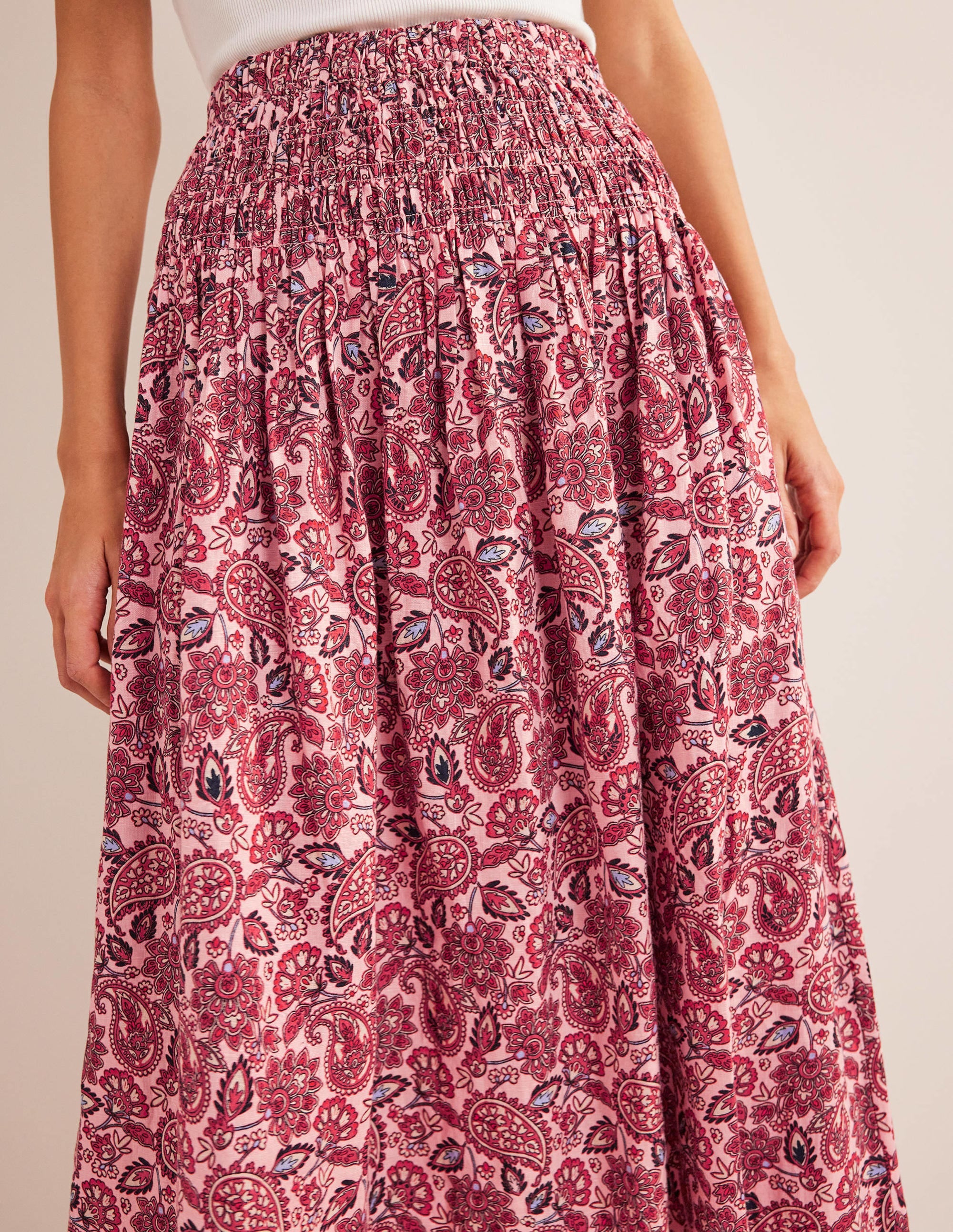 Shirred Waist Linen Midi Skirt-Chalky Pink, Paisley Terrace - Image 2