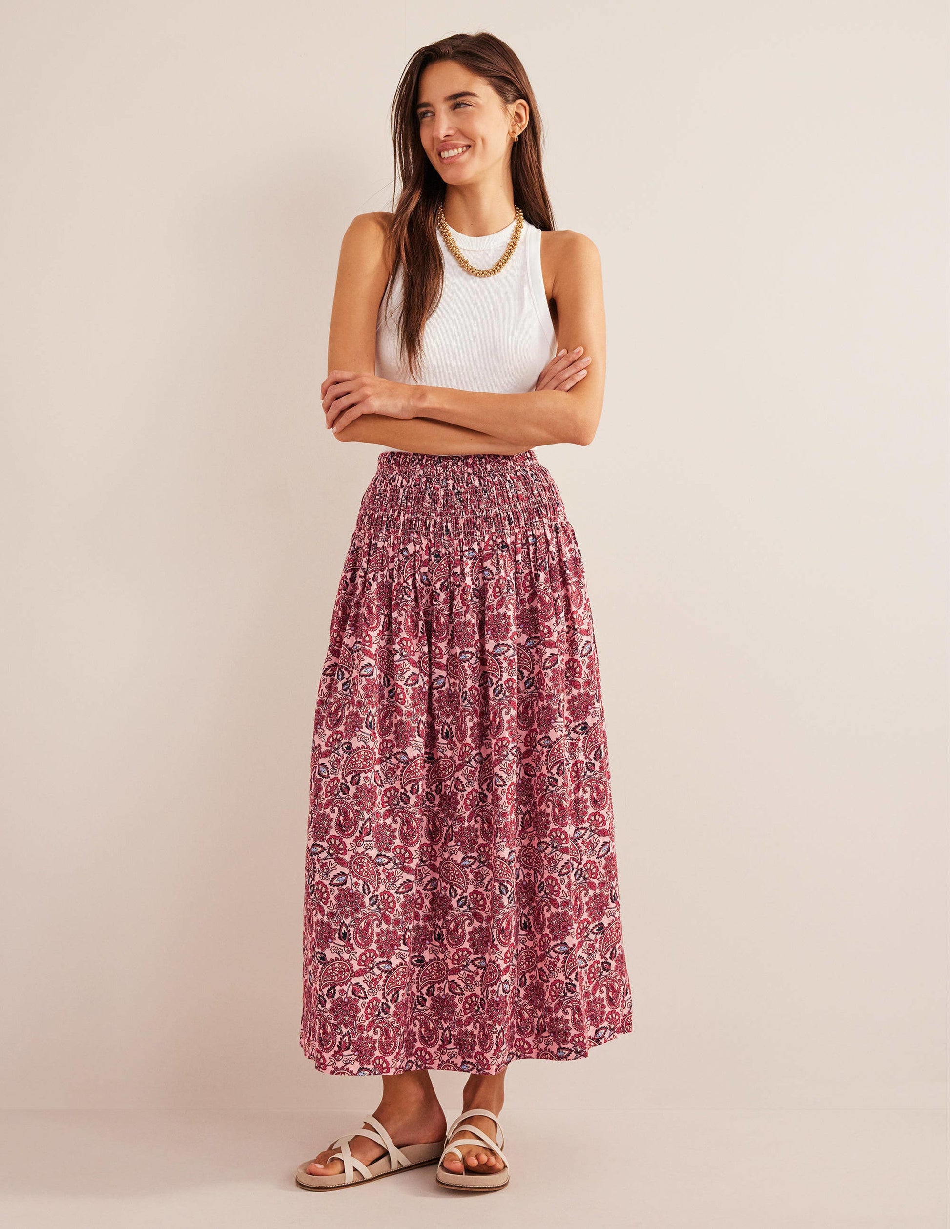 Shirred Waist Linen Midi Skirt-Chalky Pink, Paisley Terrace-4