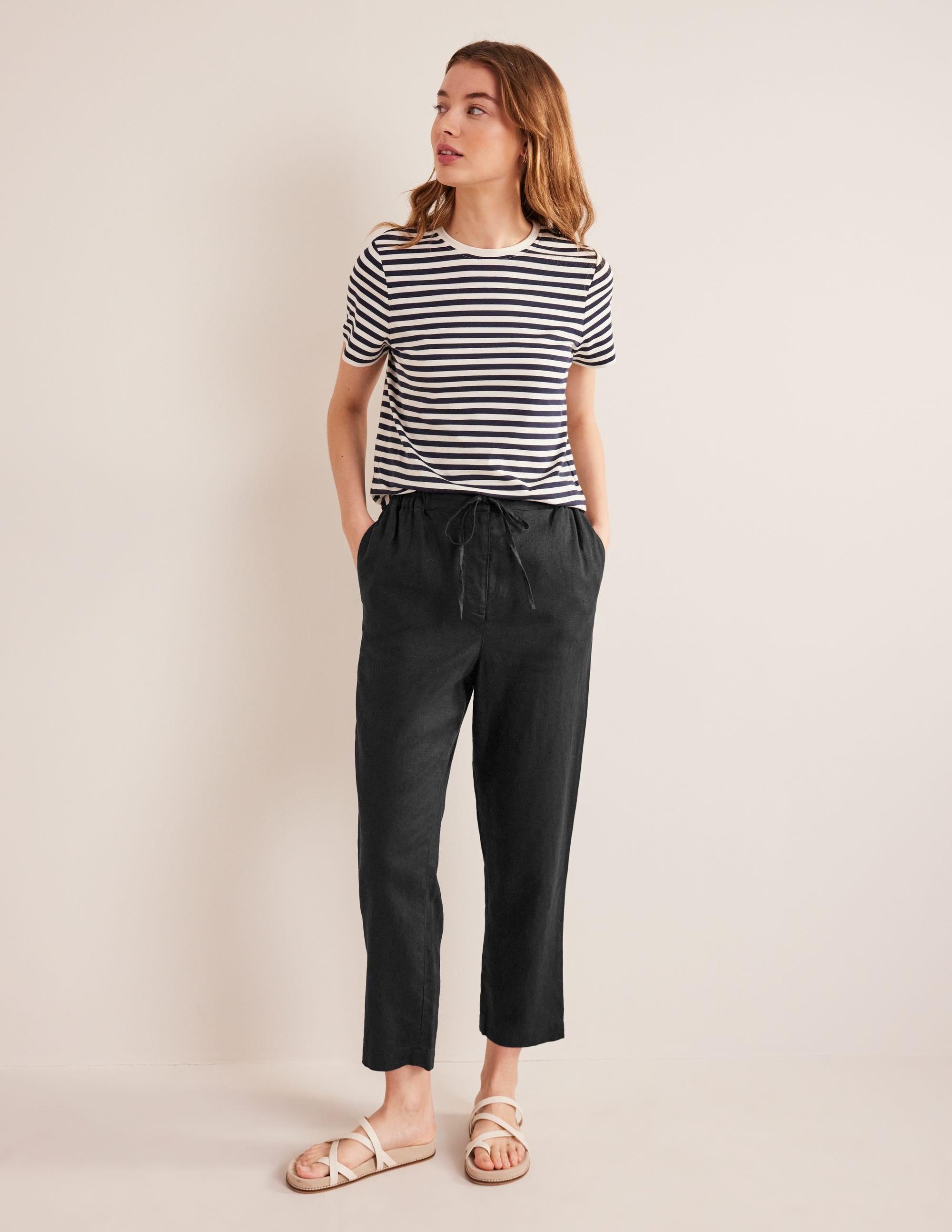 Relaxed Linen Pull On Pants-Black - Image 1