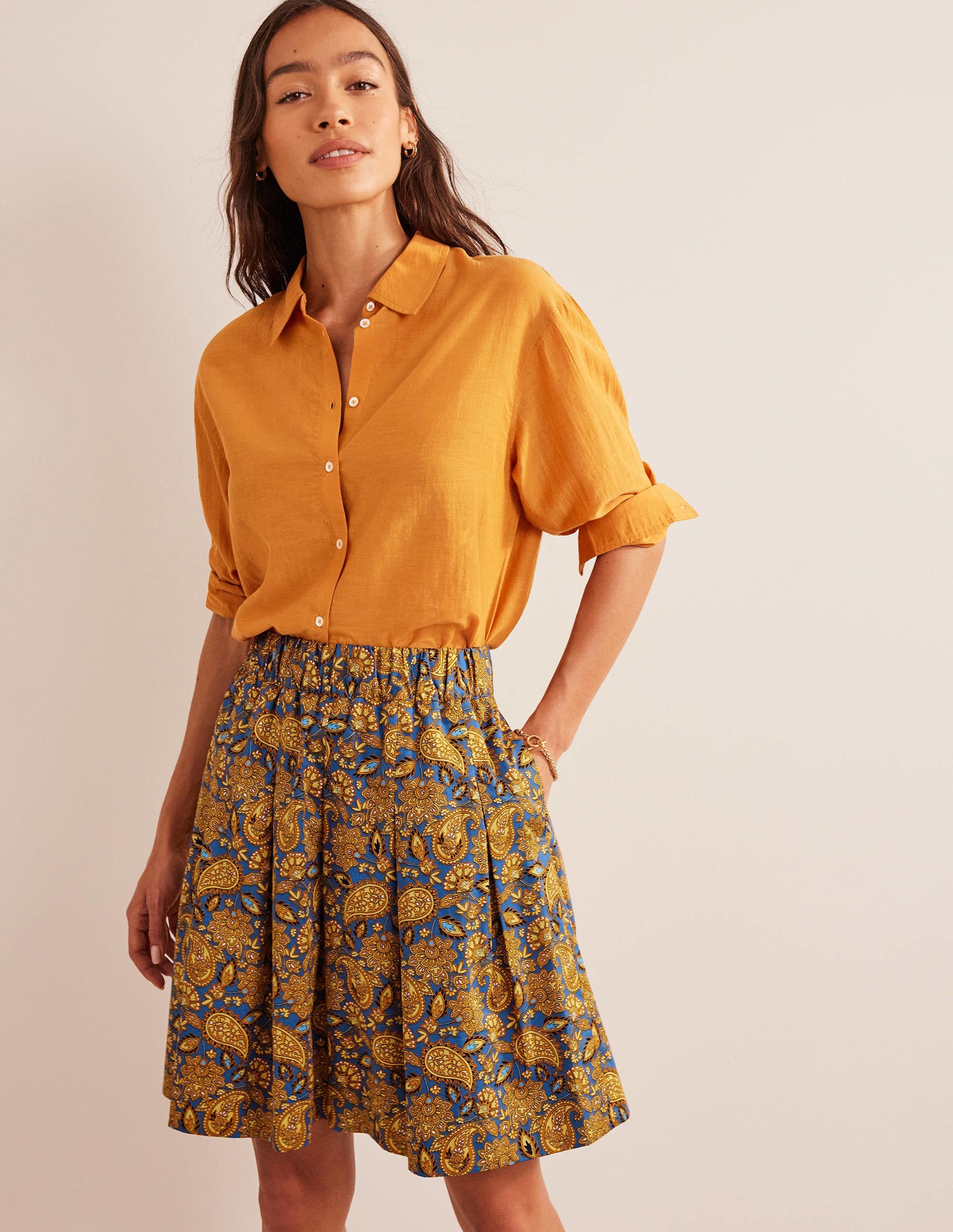 Pleated Cotton Skirt-Harvest Gold, Paisley Terrace - Image 1