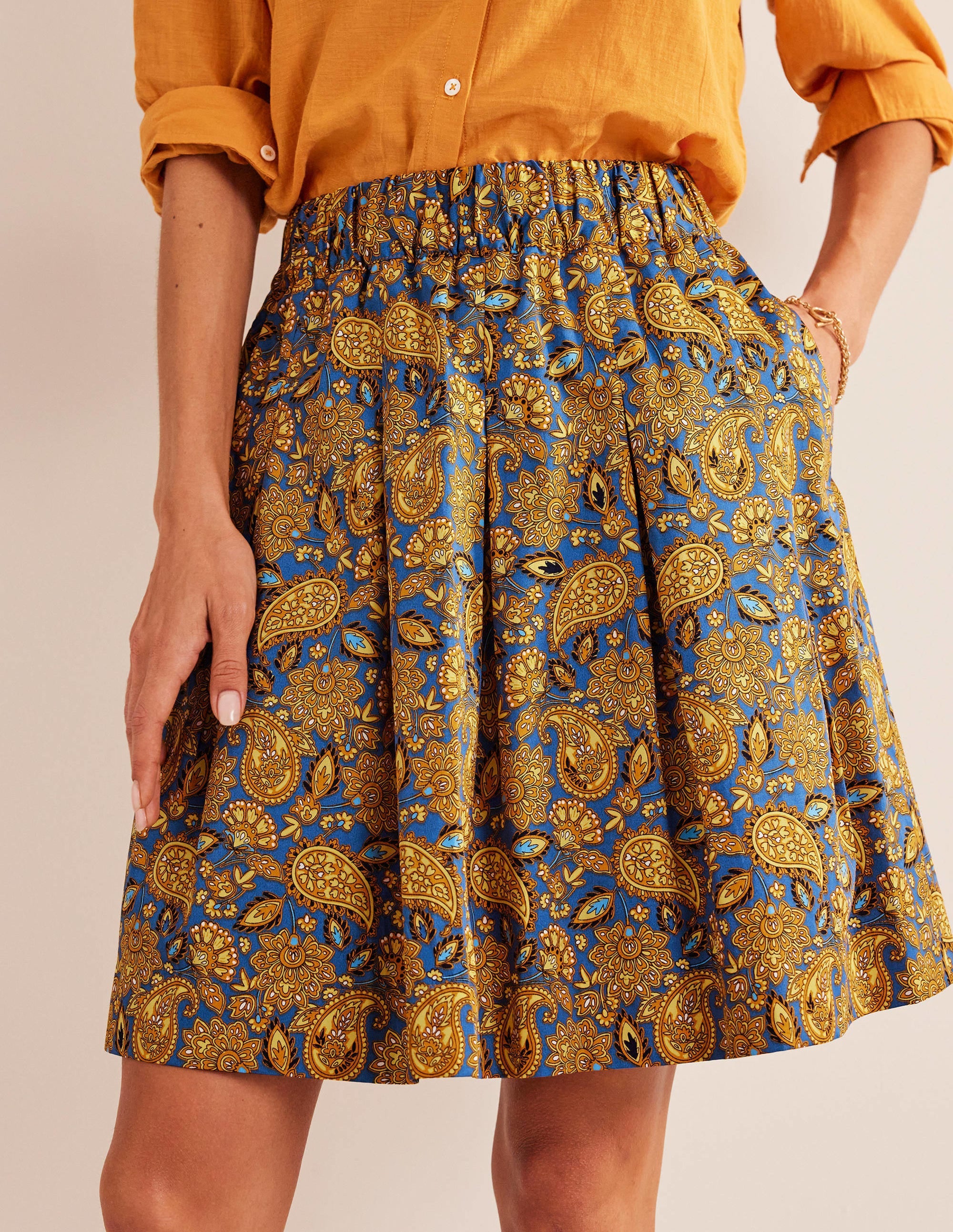 Pleated Cotton Skirt-Harvest Gold, Paisley Terrace - Image 4