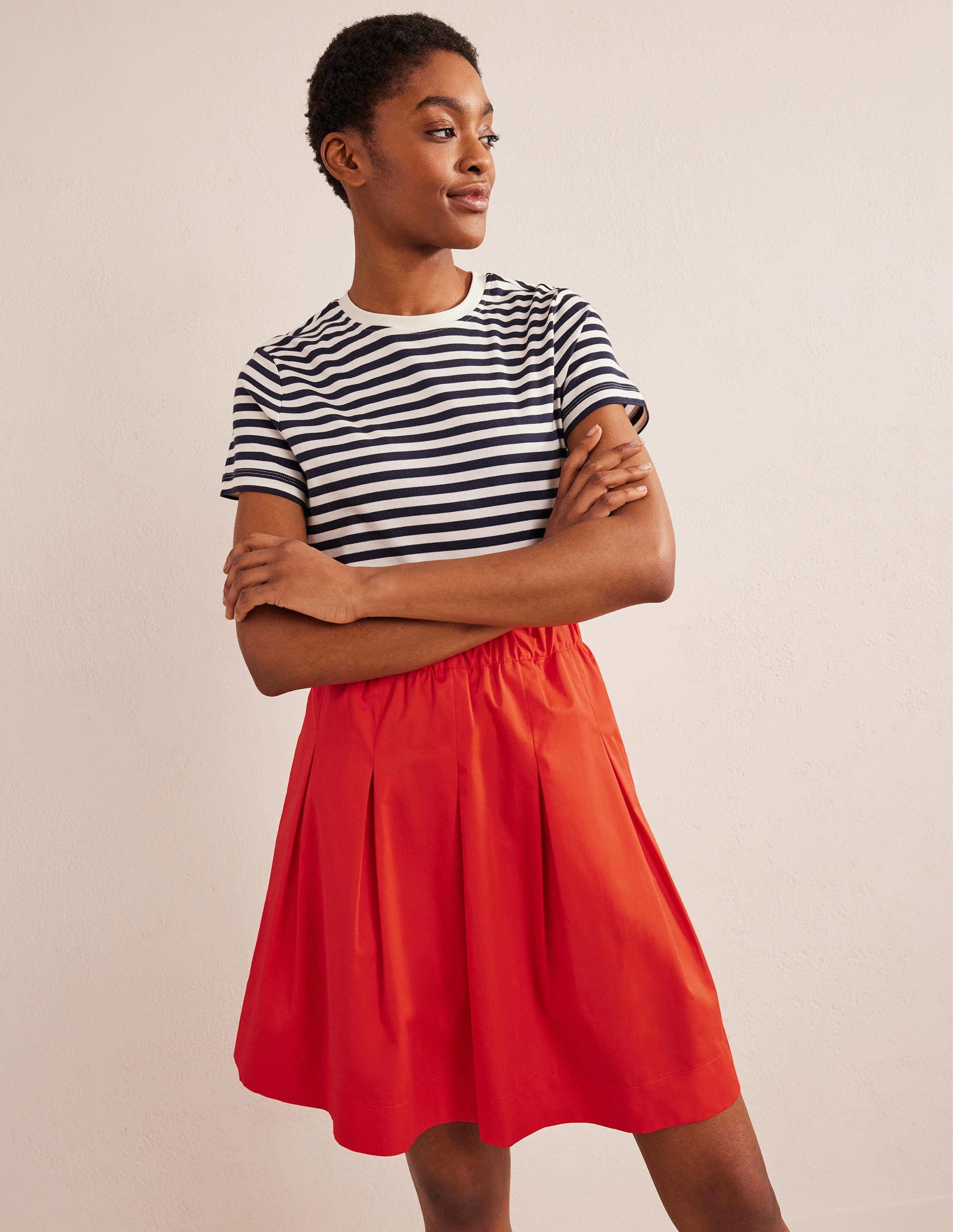 Pleated Cotton Skirt-Vermillion Red-5