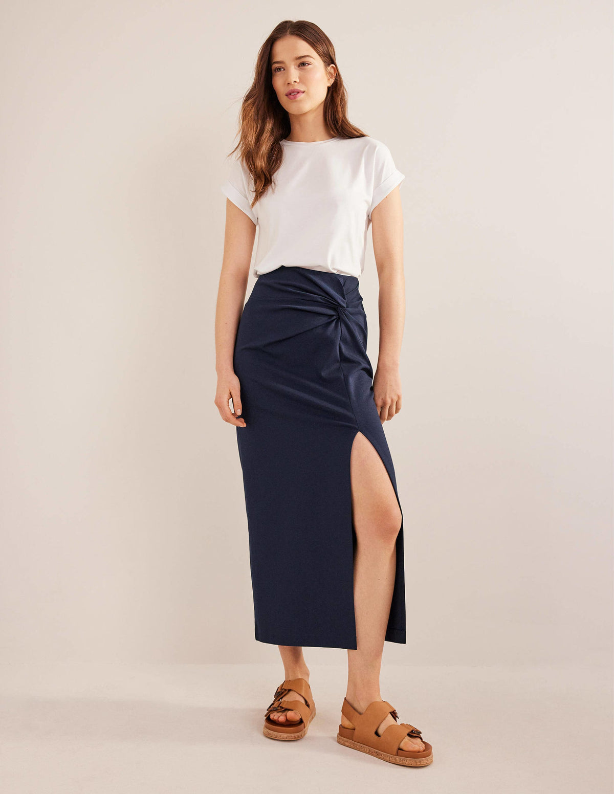 Knot Detail Jersey Midi Skirt-Navy-1
