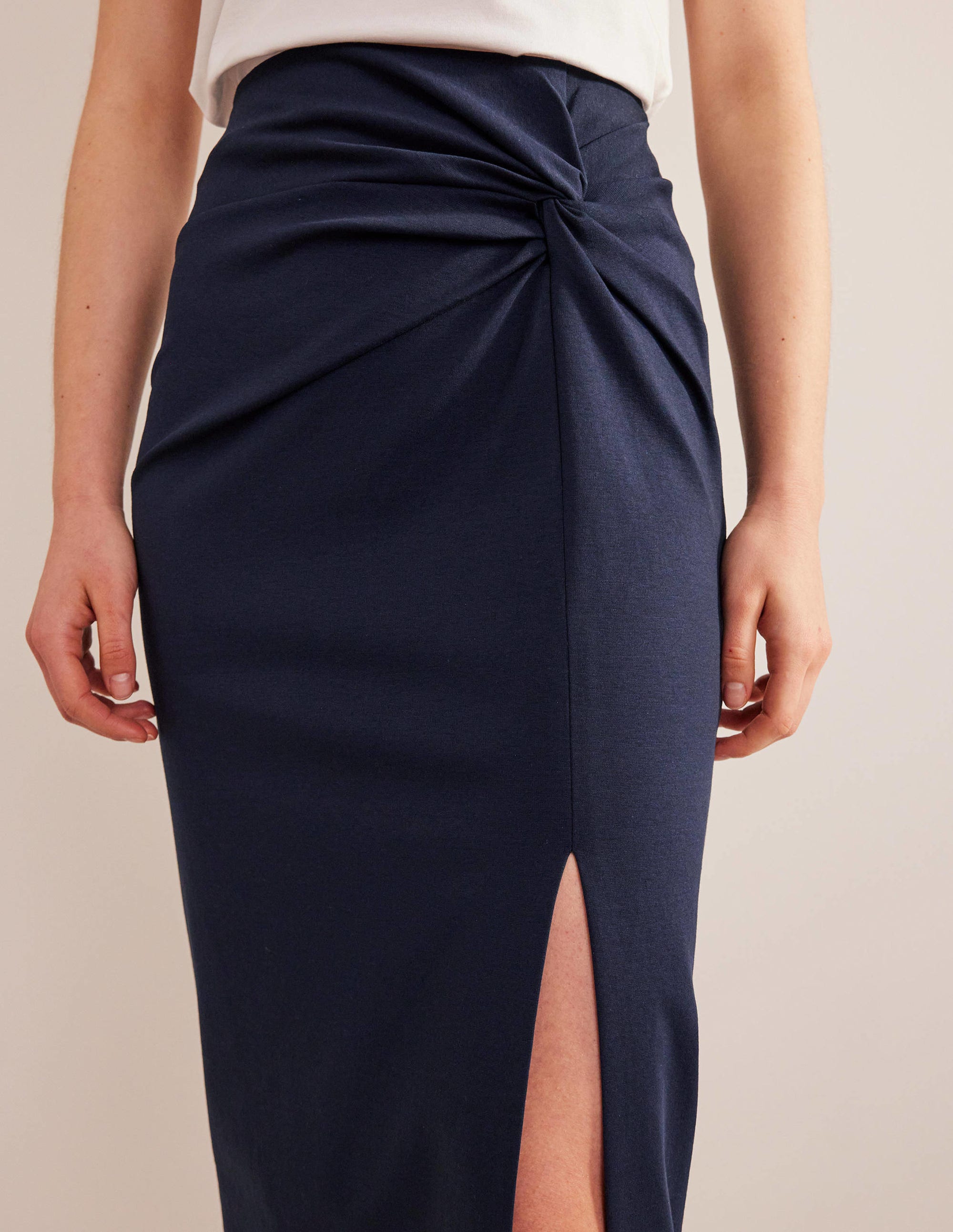 Knot Detail Jersey Midi Skirt-Navy - Image 2