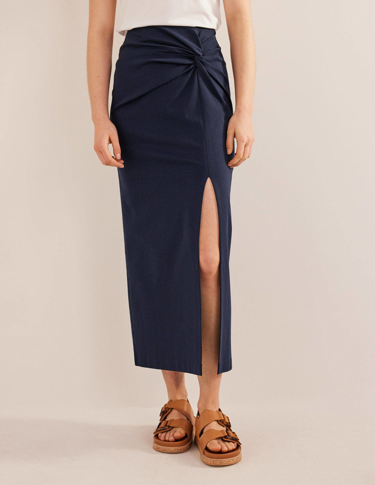 Knot Detail Jersey Midi Skirt-Navy - Image 4