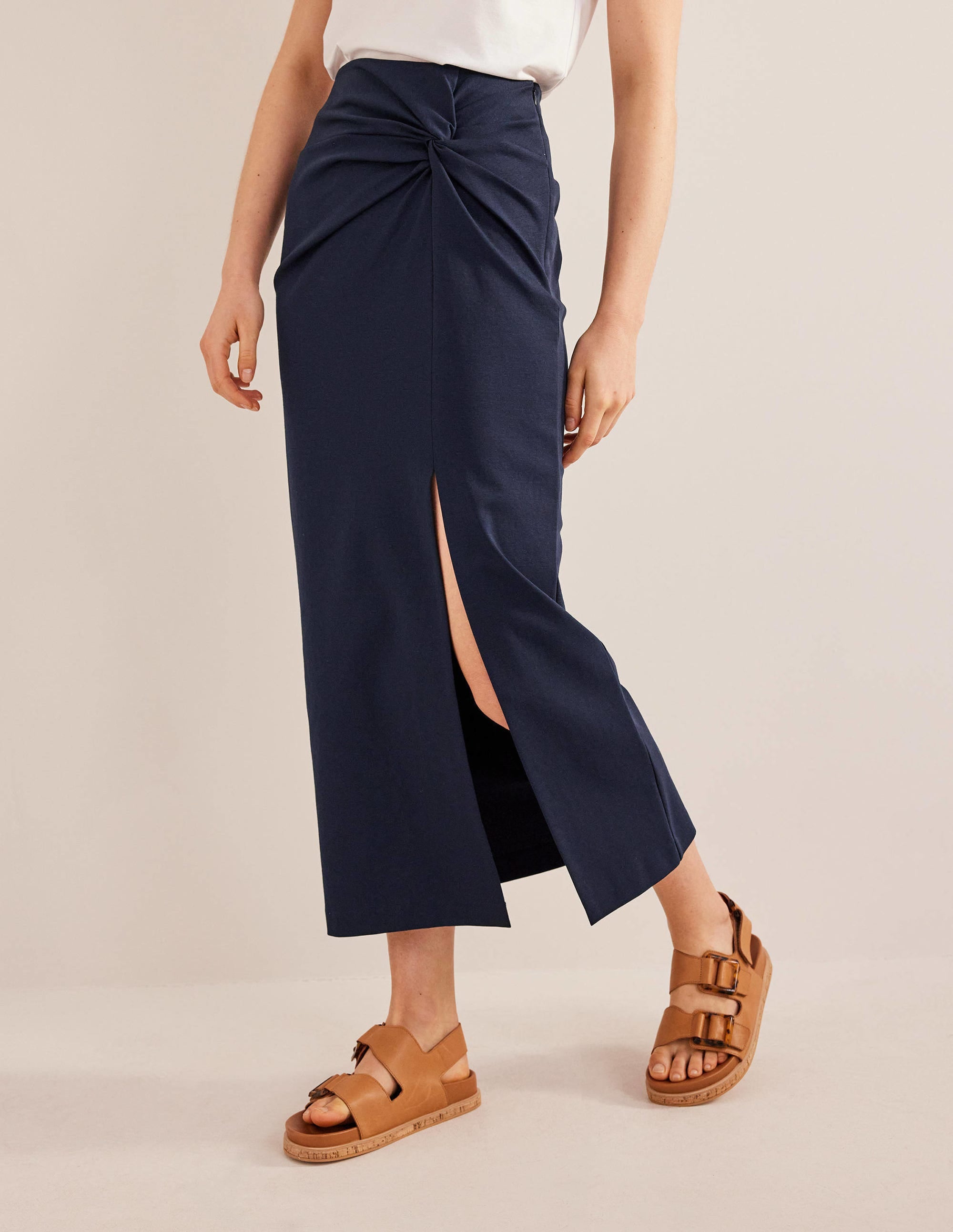 Knot Detail Jersey Midi Skirt-Navy - Image 5
