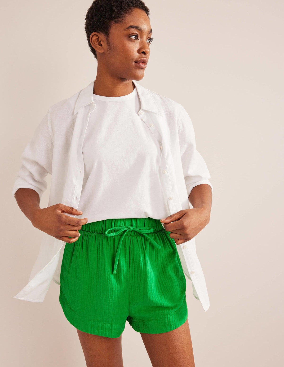 Tie Waist Cheesecloth Shorts-Bright Green-1