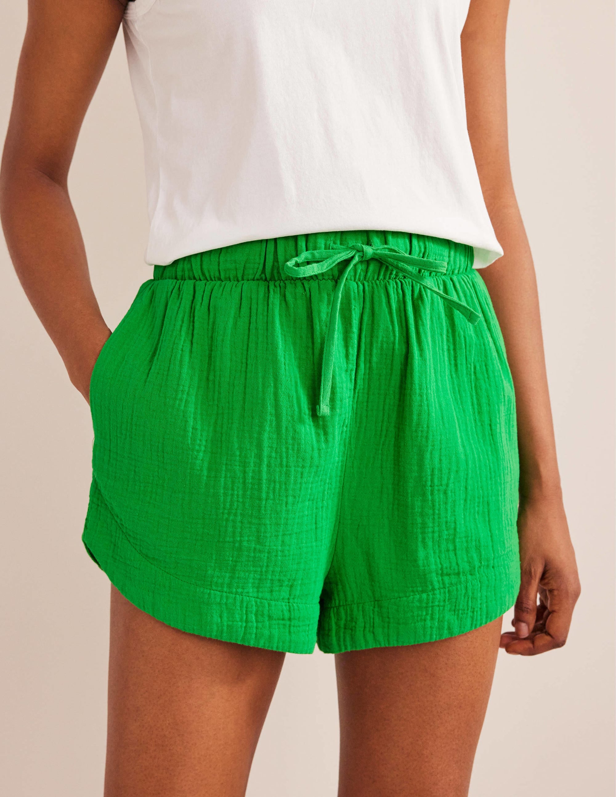 Tie Waist Cheesecloth Shorts-Bright Green - Image 4