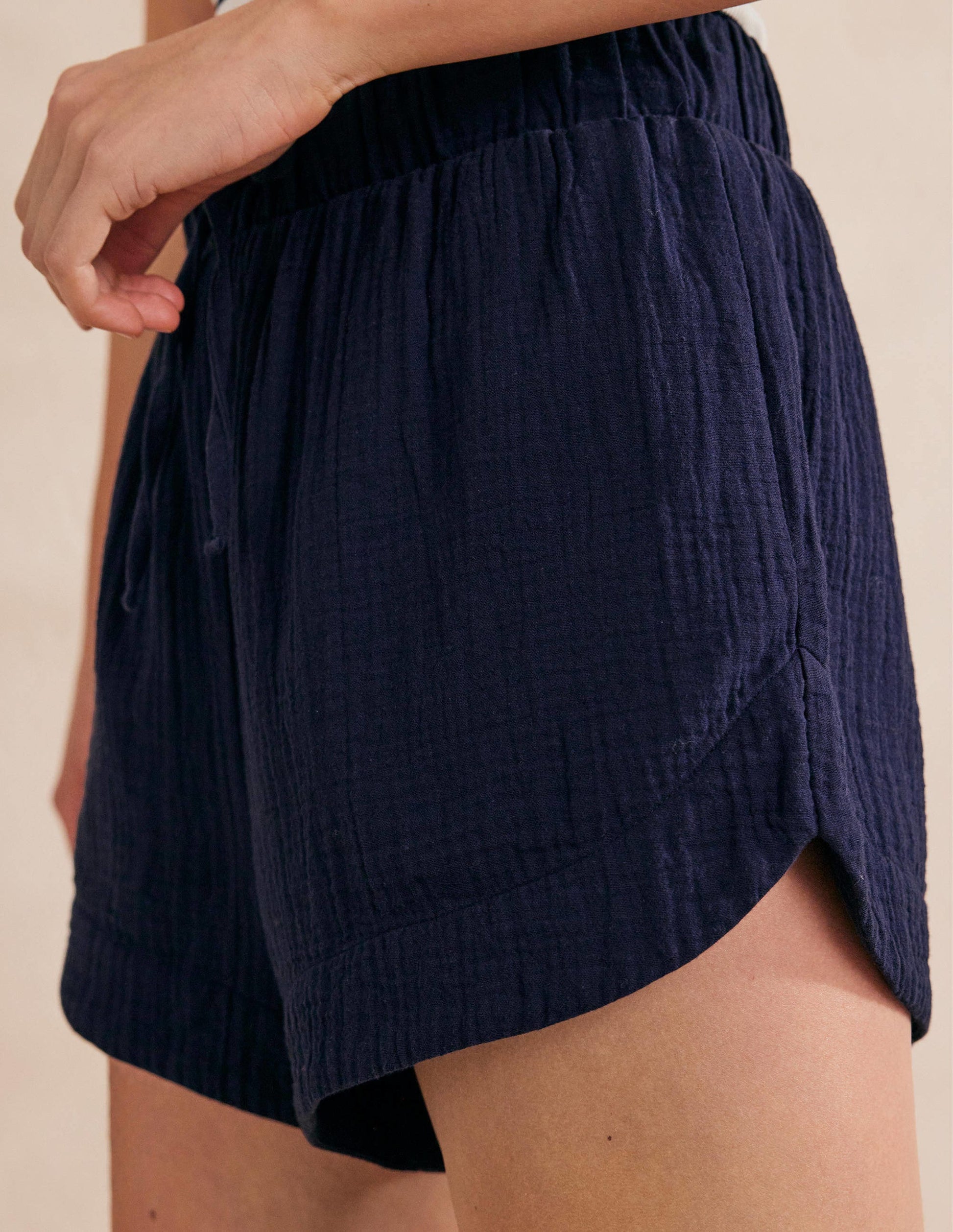 Tie Waist Cheesecloth Shorts-Navy-2