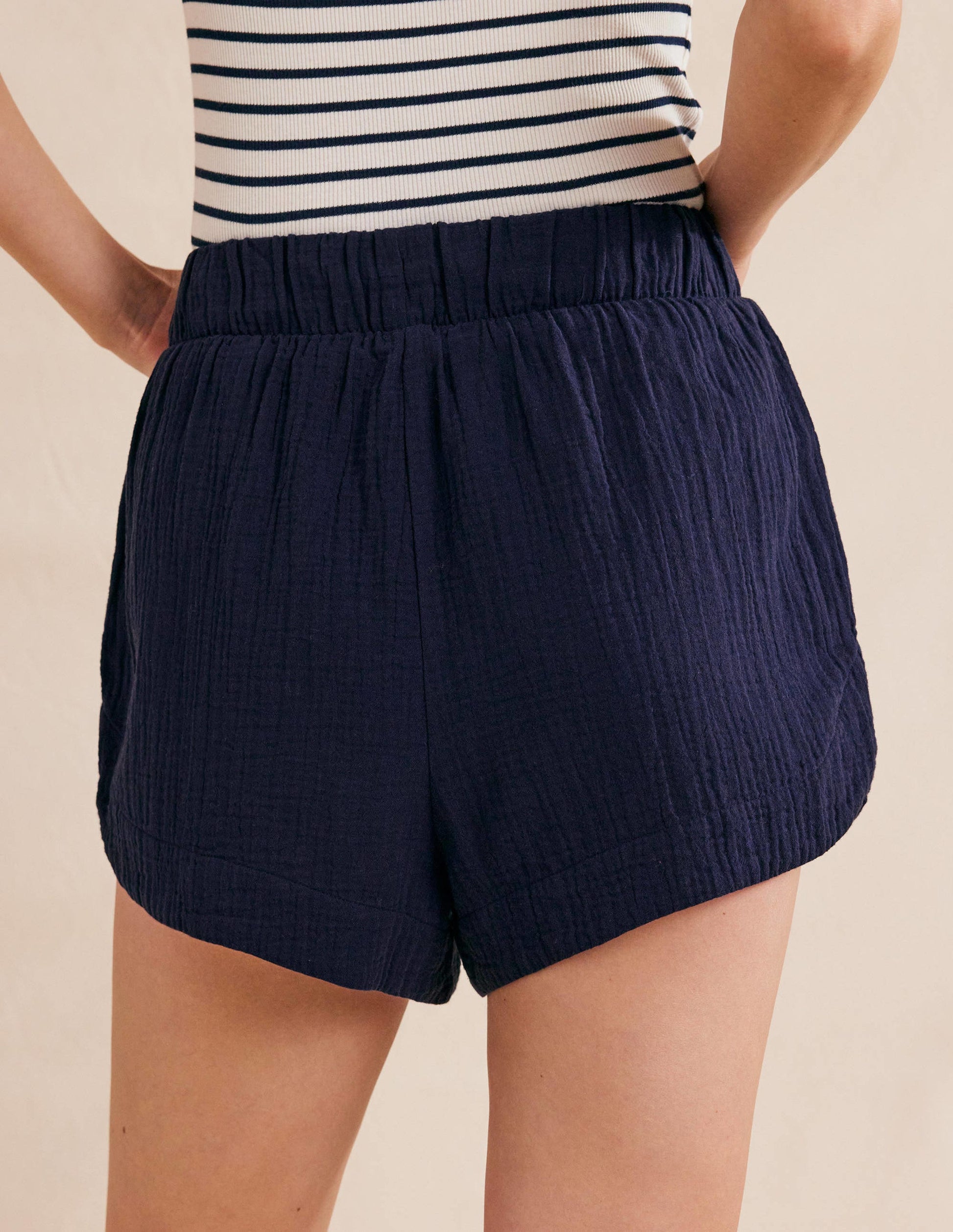 Tie Waist Cheesecloth Shorts-Navy-3