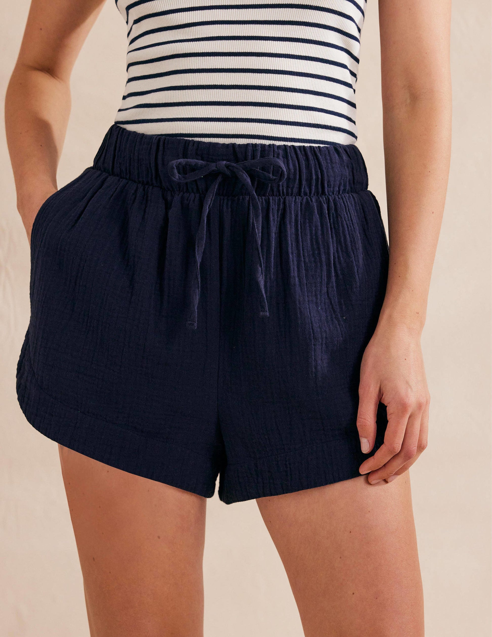 Tie Waist Cheesecloth Shorts-Navy-4