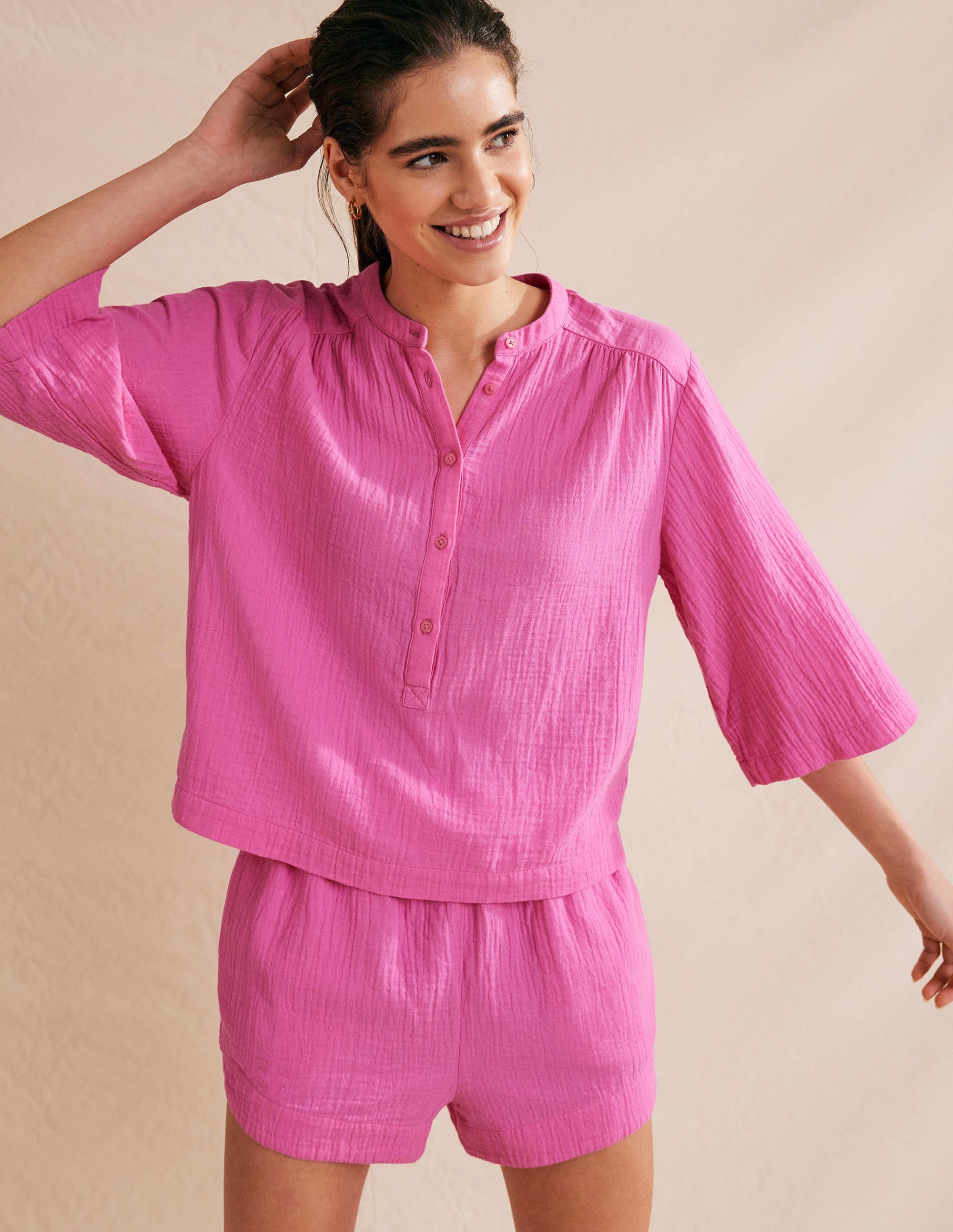 Tie Waist Cheesecloth Shorts-Festival Pink - Image 1